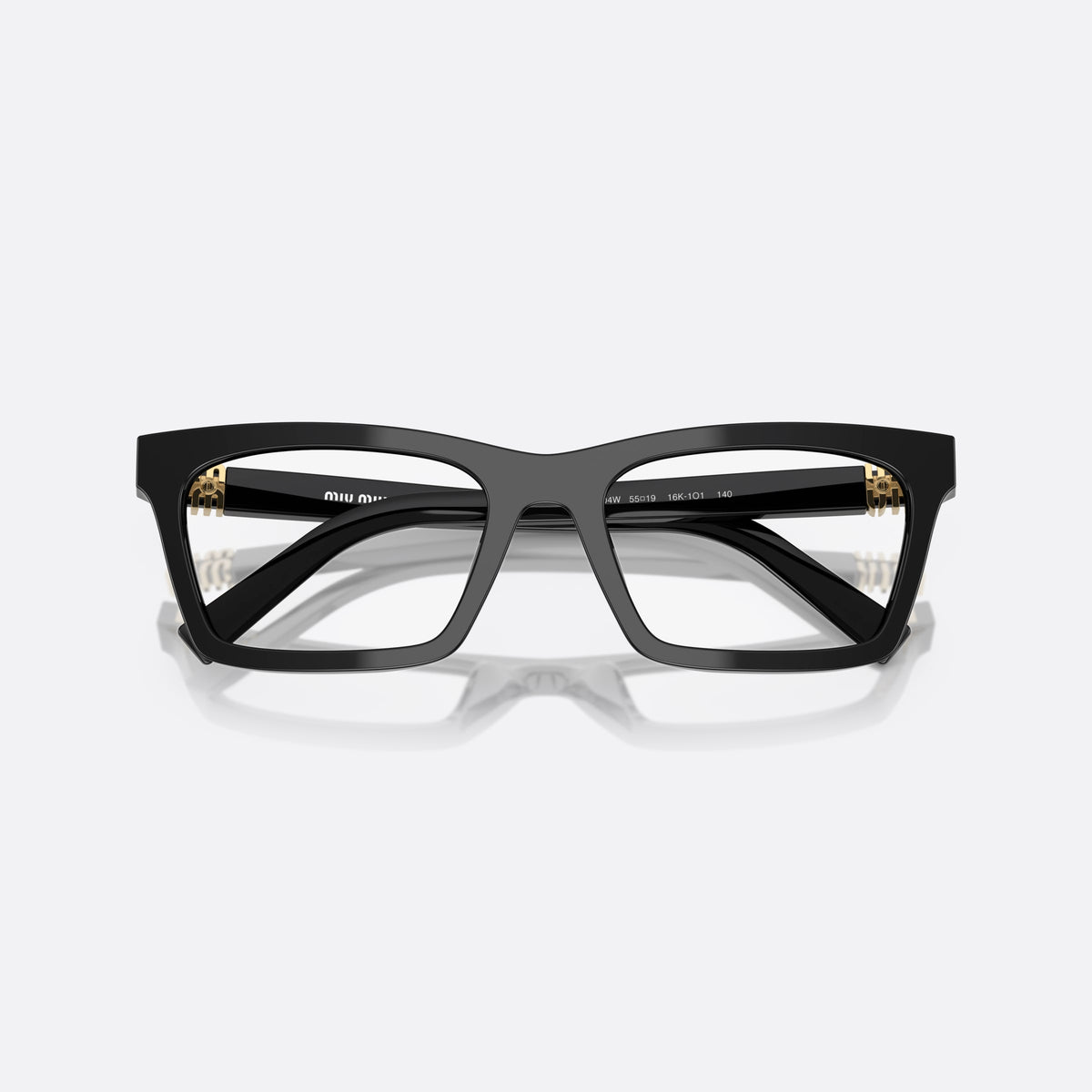 Miu Miu MU 04WV 16K1O1 eyeglasses, black squared frame for women, plain bridge, brand lettering on temples, full-rim frame, folded