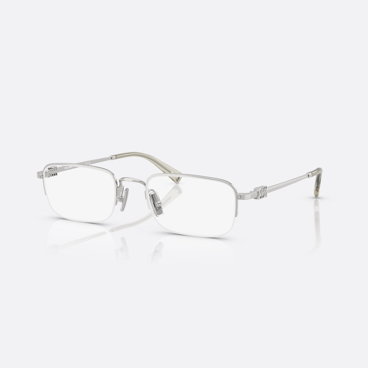 Miu Miu 0MU 52WV 1BC1O1 eyeglasses, silver rectangle frame for women, thin metal bridge, brand lettering on temples