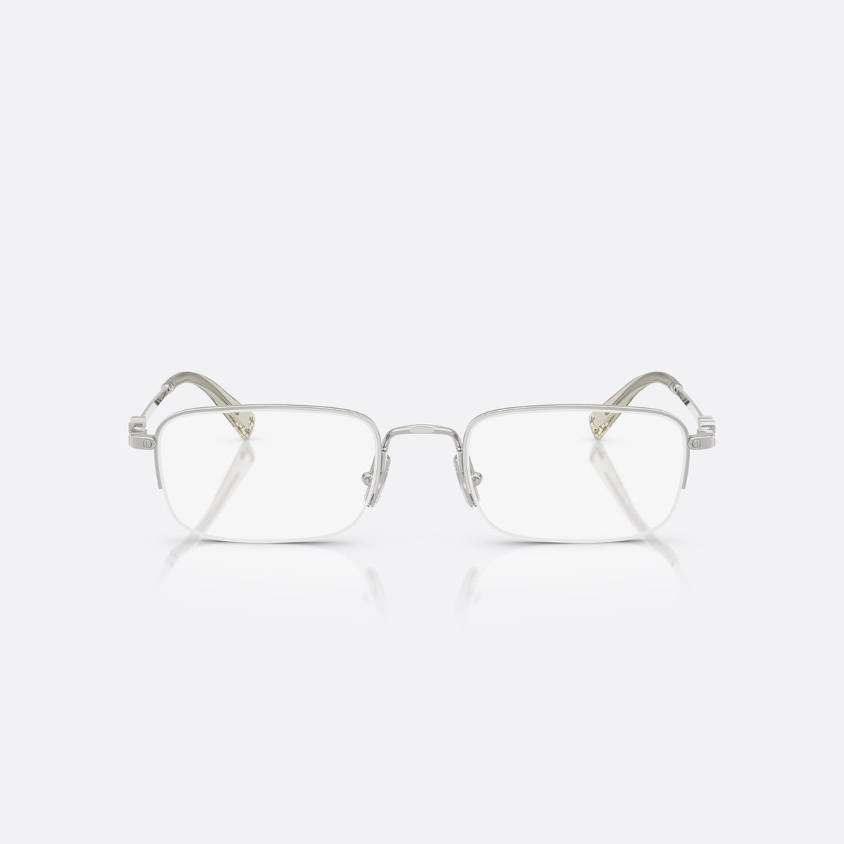 Miu Miu 0MU 52WV 1BC1O1 eyeglasses, silver rectangle frame for women, thin metal bridge, brand lettering on temples, front view