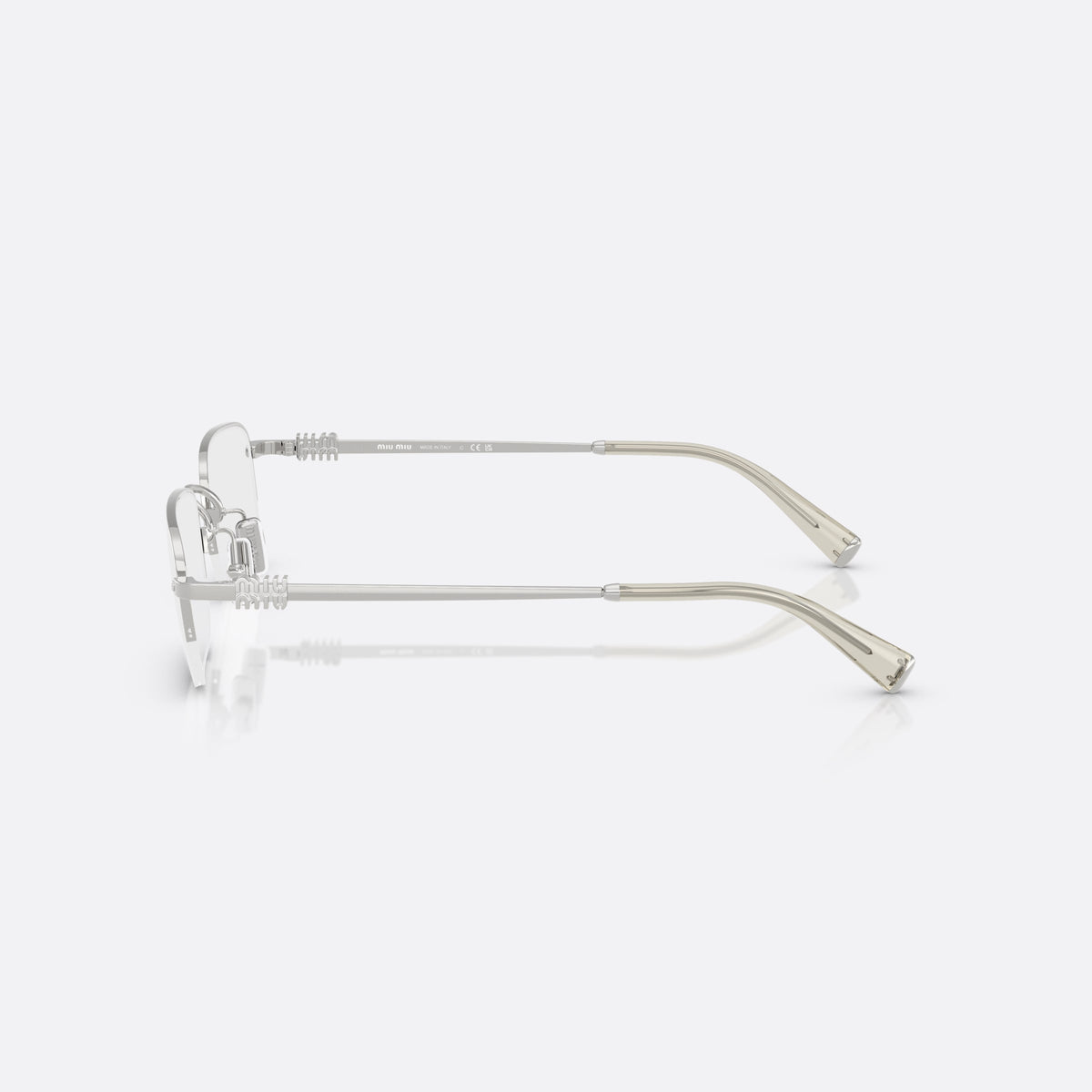 Miu Miu 0MU 52WV 1BC1O1 eyeglasses, silver rectangle frame for women, thin metal bridge, brand lettering on temples, side view