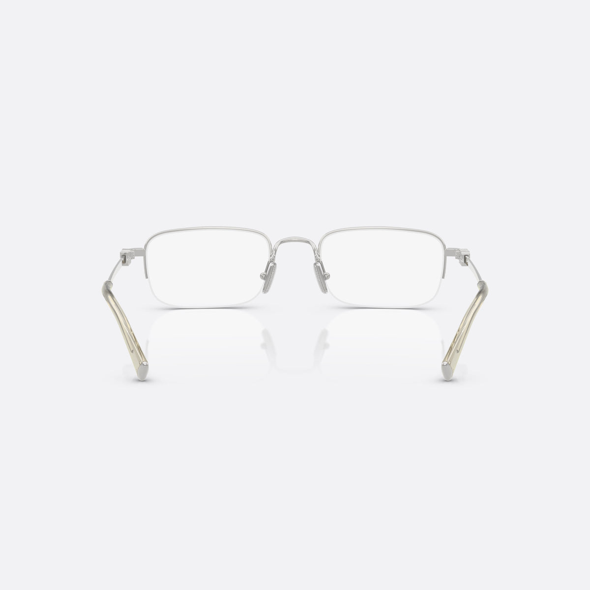 Miu Miu 0MU 52WV 1BC1O1 eyeglasses, silver rectangle frame for women, thin metal bridge, brand lettering on temples, back view