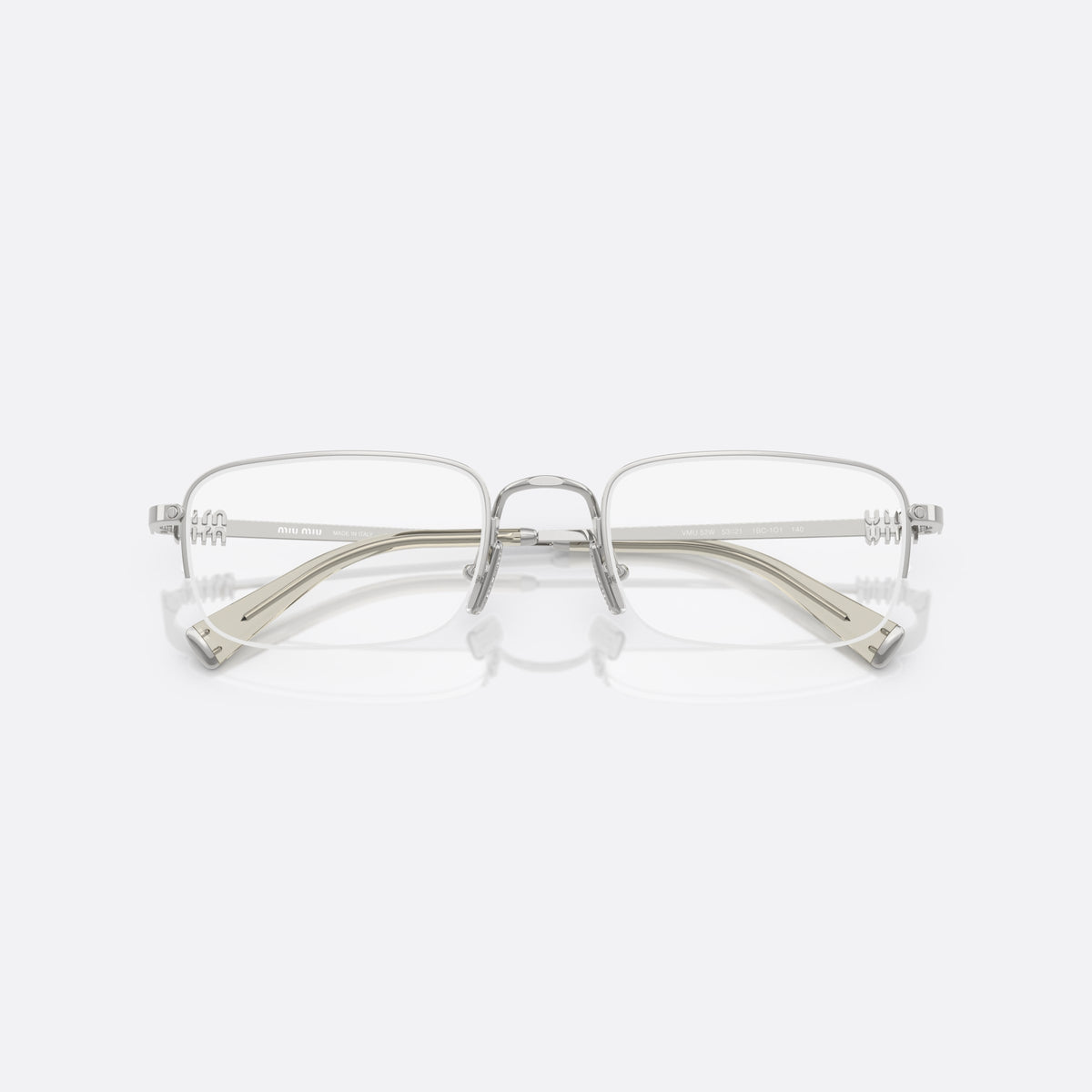 Miu Miu 0MU 52WV 1BC1O1 eyeglasses, silver rectangle frame for women, thin metal bridge, brand lettering on temples, folded