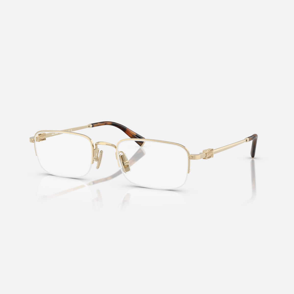 Miu Miu 0MU 52WV ZVN1O1 eyeglasses, gold rectangle frame for women, plain metal bridge, brand lettering on temples