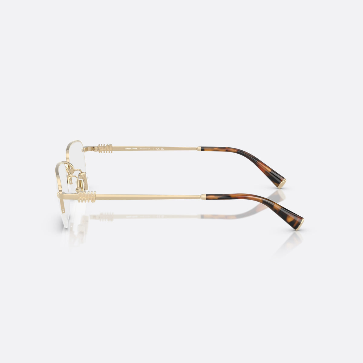 Rame ochelari de vedere Miu Miu 0MU 52WV ZVN1O1, rectangulari auriu, pentru femei, punte metalică simplă, literele brandului pe brațe, vedere laterală