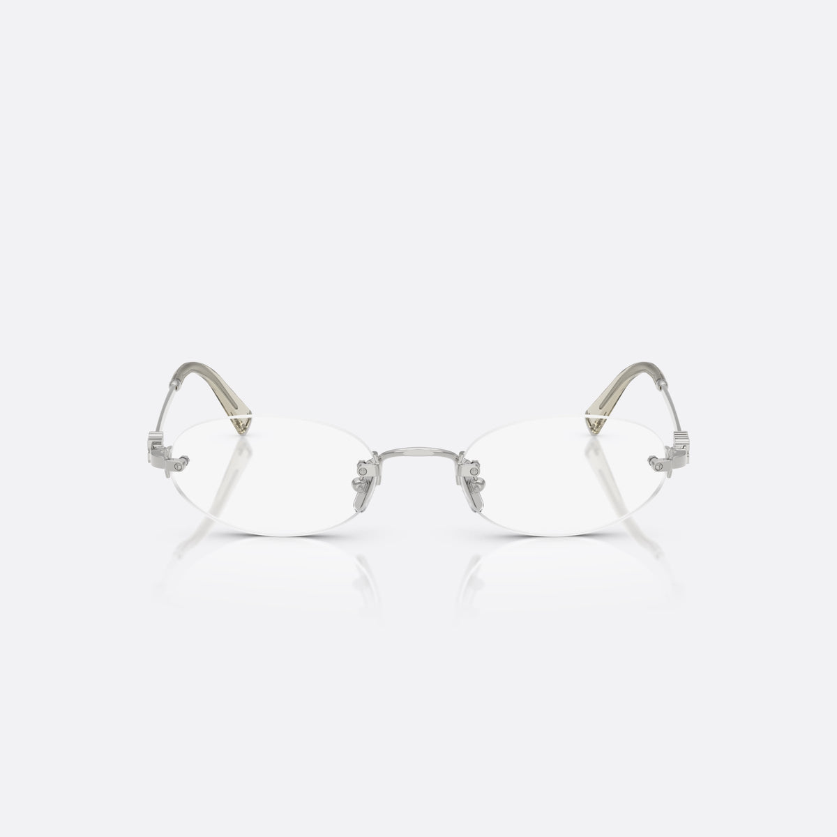 Miu Miu 0MU 53WV 1BC1O1 eyeglasses, silver oval frame for women, metal bridge with nose pads, small rivet-style hinges, front view