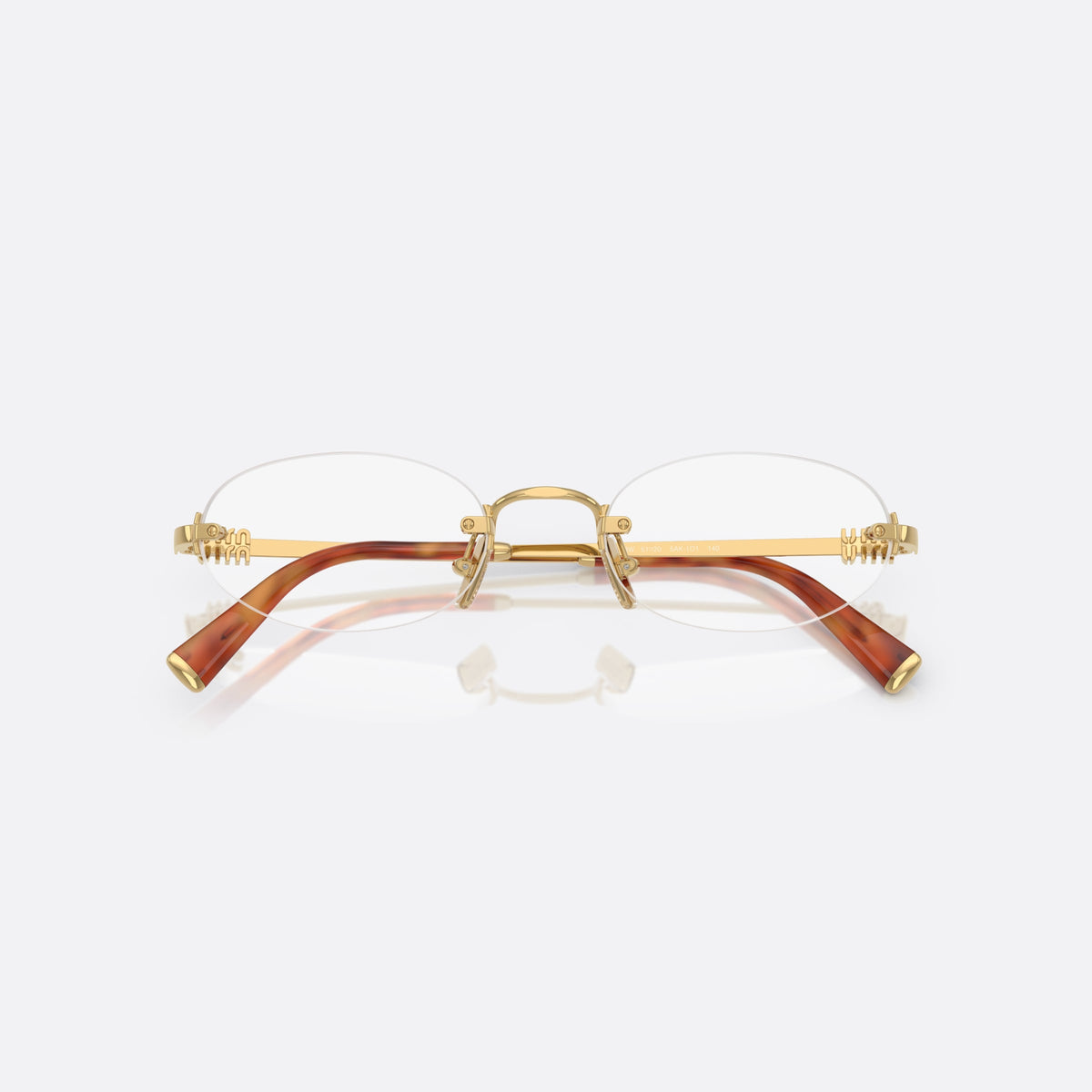 Miu Miu 0MU 53WV 5AK1O1 eyeglasses, gold oval frame for women, metal bridge with arch, brand lettering on temples, folded
