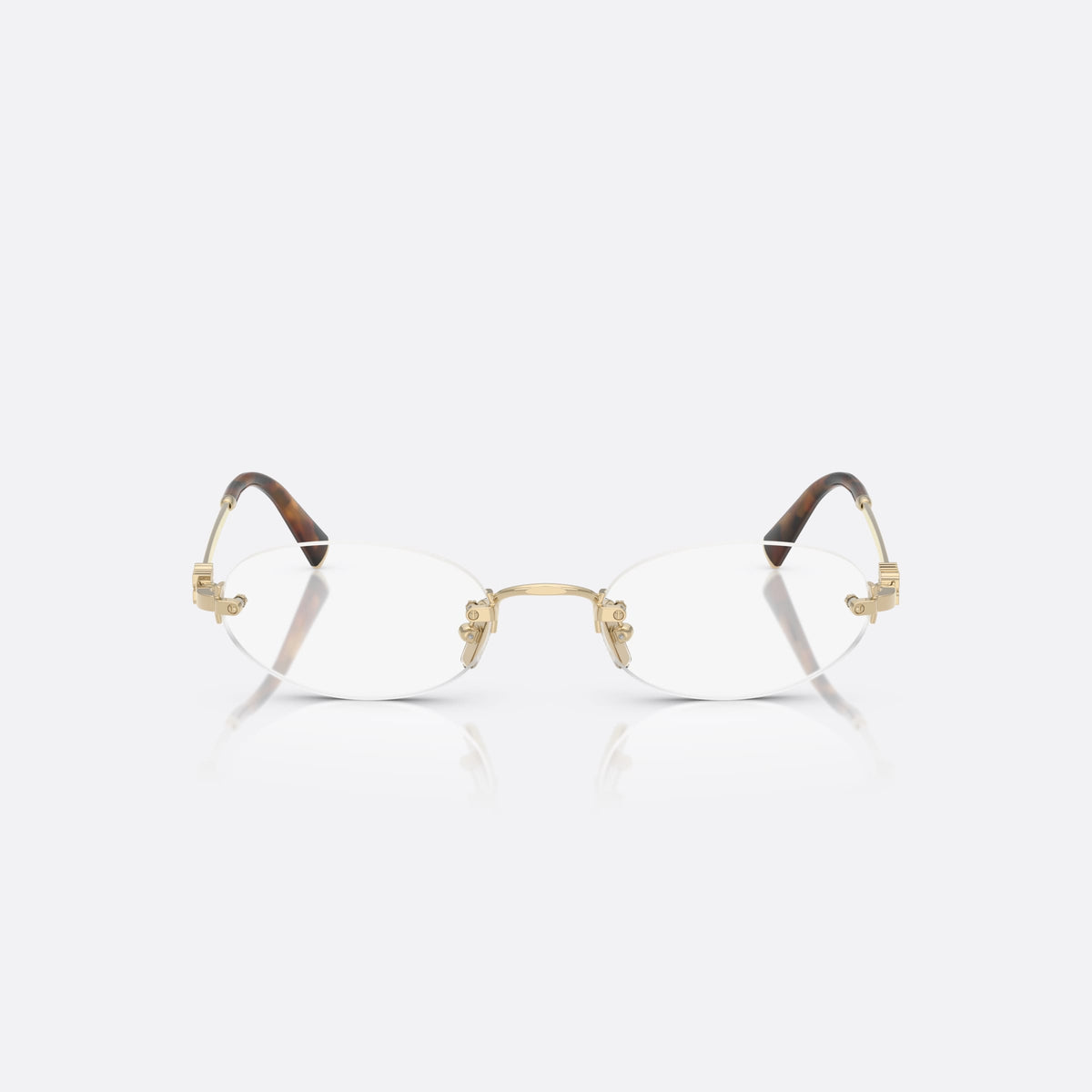 Miu Miu 0MU 53WV ZVN1O1 eyeglasses, gold oval frame for women, metal bridge with slim profile, metal hinges, front view