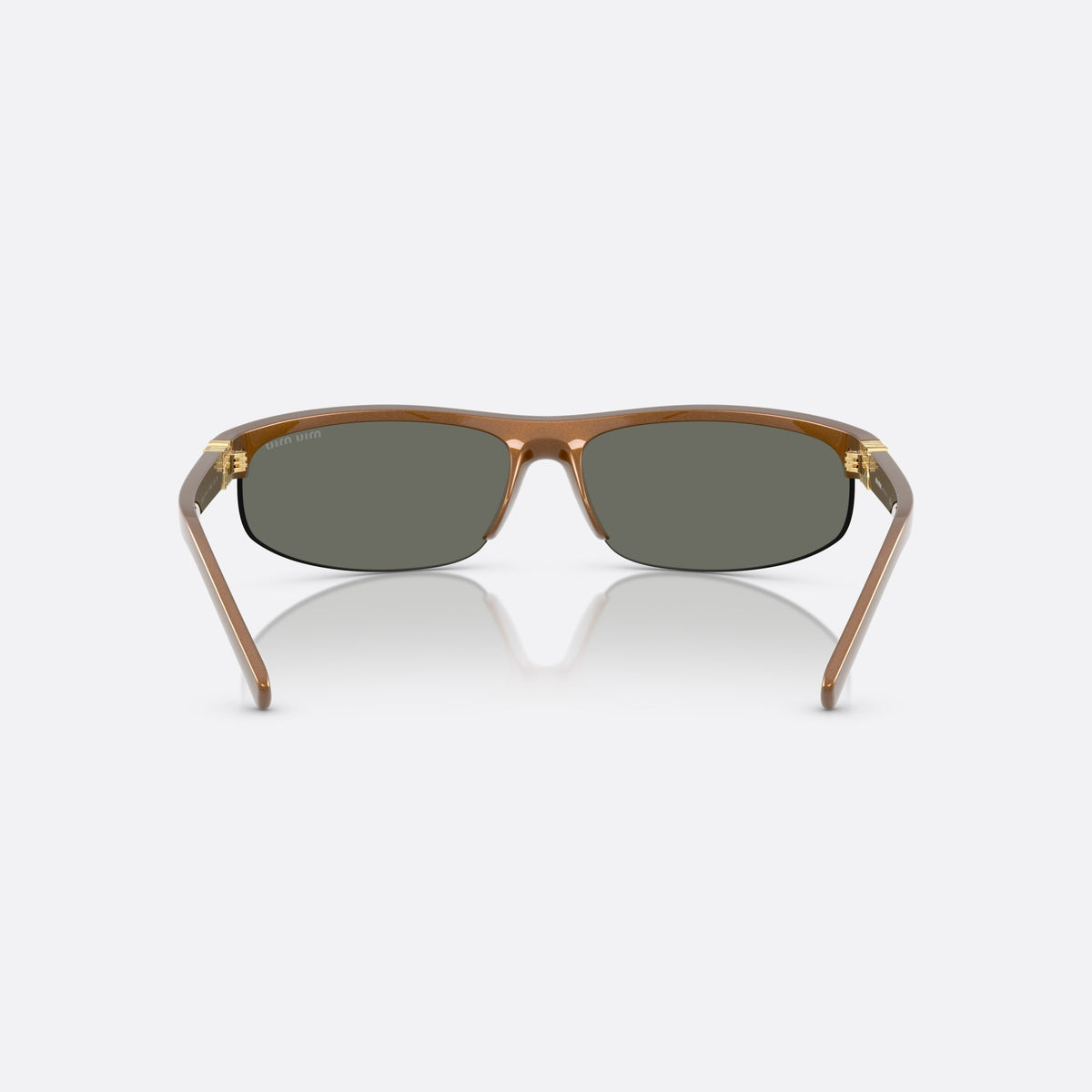 Ochelari de soare Miu Miu 0MU A02S 16Y8G1, ovali maro, pentru femei, punte integrată simplă, literele brandului pe brațe, vedere din spate