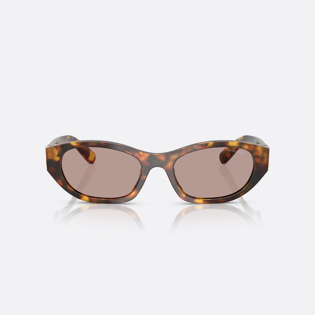 Miu Miu 0MU A03S 14L20I sunglasses, havana oval frame for women, plain integrated bridge, brand lettering on temples, front view