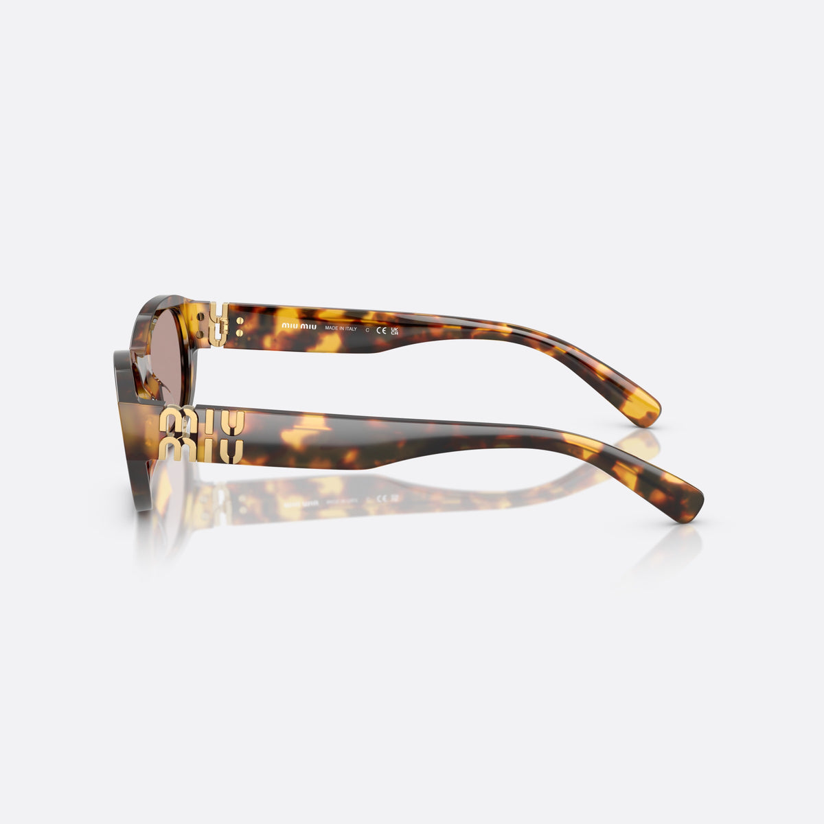 Miu Miu 0MU A03S 14L20I sunglasses, havana oval frame for women, plain integrated bridge, brand lettering on temples, side view
