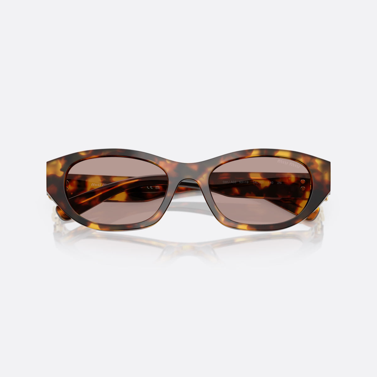 Miu Miu 0MU A03S 14L20I sunglasses, havana oval frame for women, plain integrated bridge, brand lettering on temples, folded