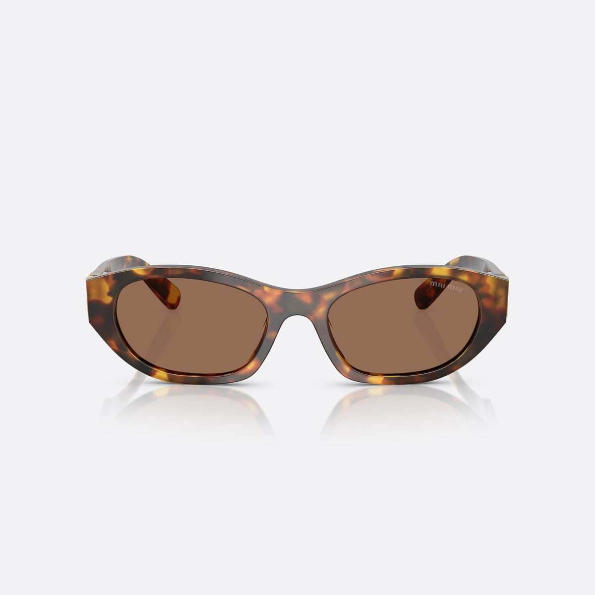 Miu Miu 0MU A03S 14L60M sunglasses, havana oval frame for women, plain integrated bridge, brand logo on temple, front view