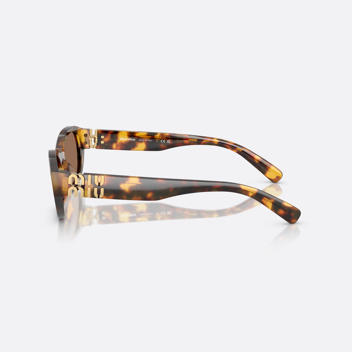 Miu Miu 0MU A03S 14L60M sunglasses, havana oval frame for women, plain integrated bridge, brand logo on temple, side view