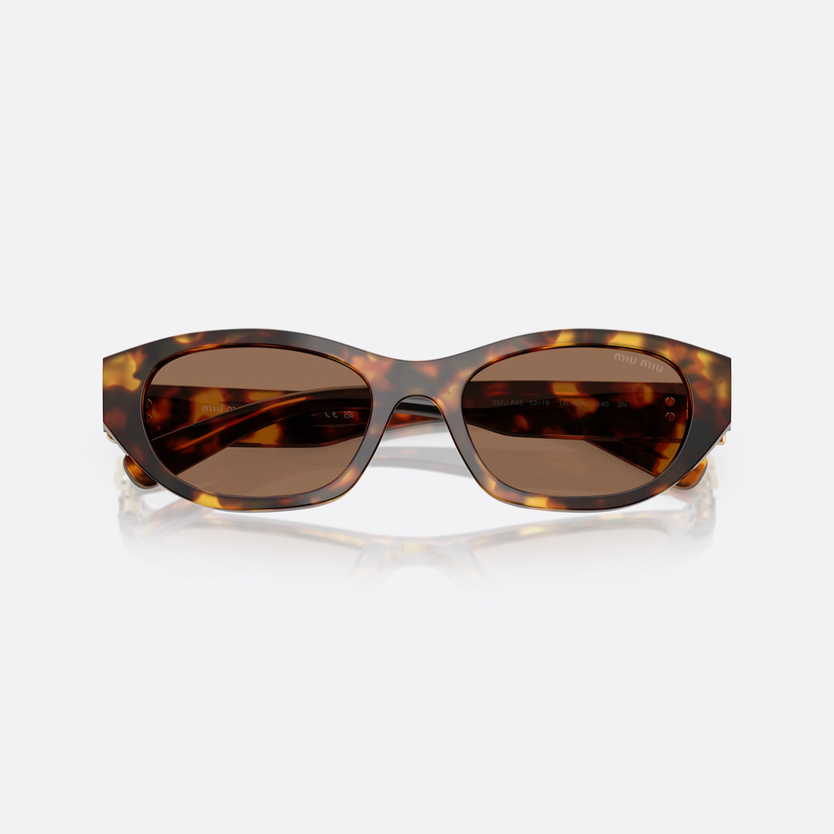 Miu Miu 0MU A03S 14L60M sunglasses, havana oval frame for women, plain integrated bridge, brand logo on temple, folded