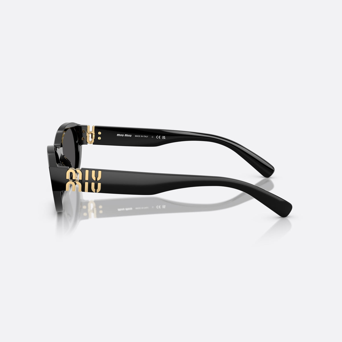 Ochelari de soare Miu Miu 0MU A03S 16K08Z, ovali negru, pentru femei, punte simplă, logo brand pe brațe, brațe late conice, vedere laterală