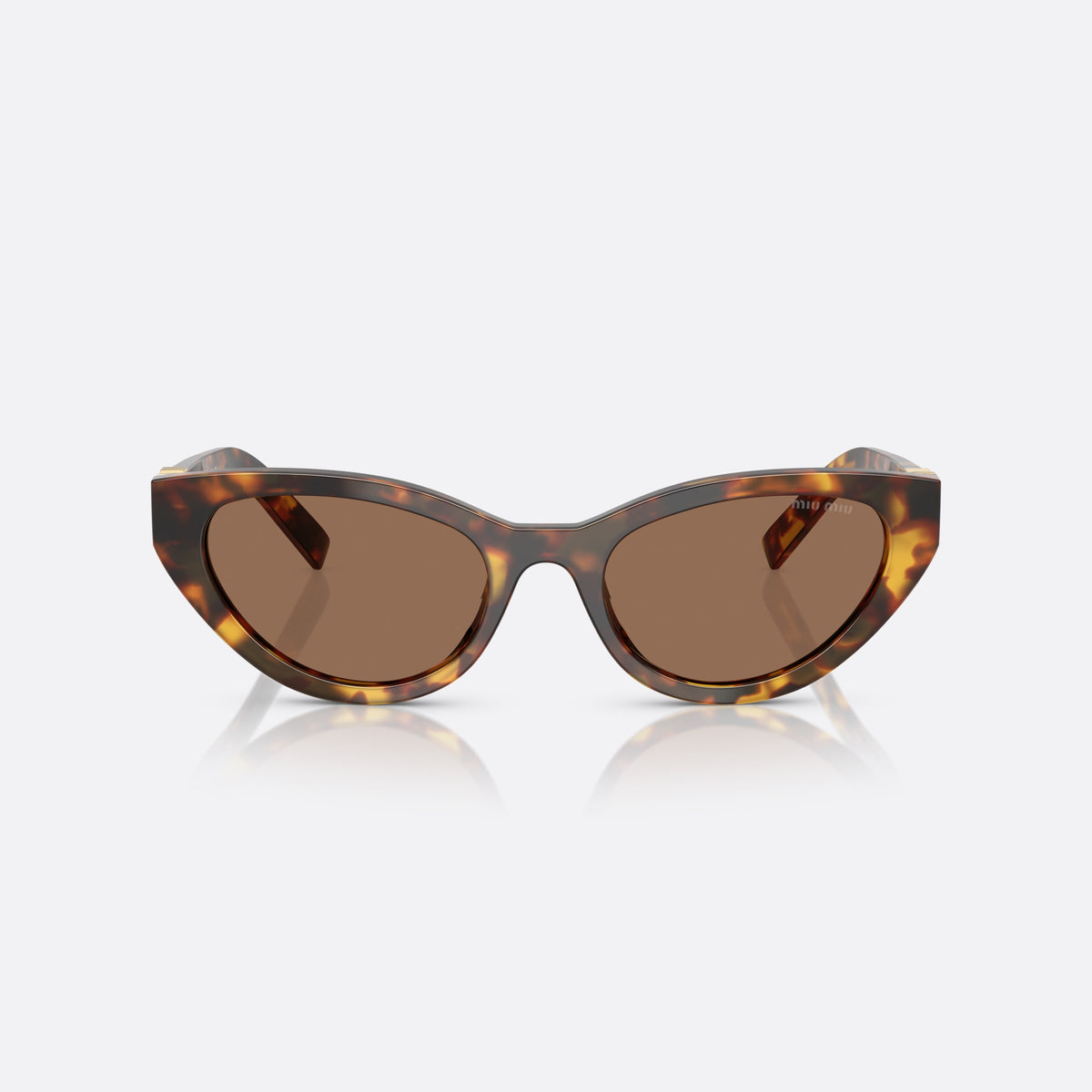Miu Miu 0MU A04S 14L60M sunglasses, havana cat eye frame for women, plain bridge, brand lettering on temples, full-rim frame, front view