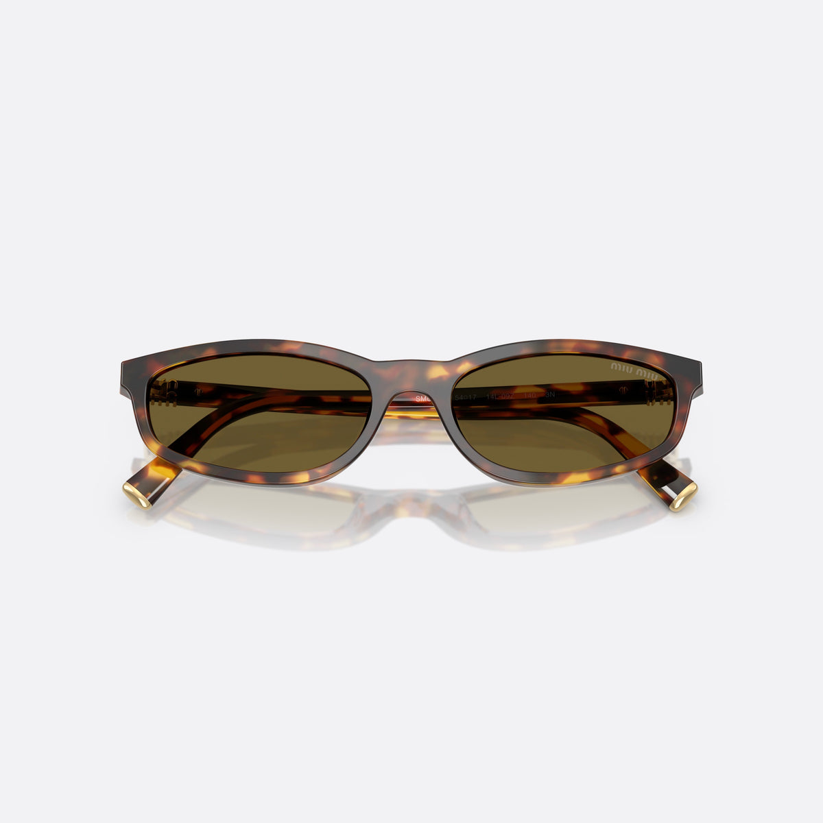 Miu Miu 0MU A06S 14L09Z sunglasses, havana oval frame for women, plain integrated bridge, brand lettering on temples, folded