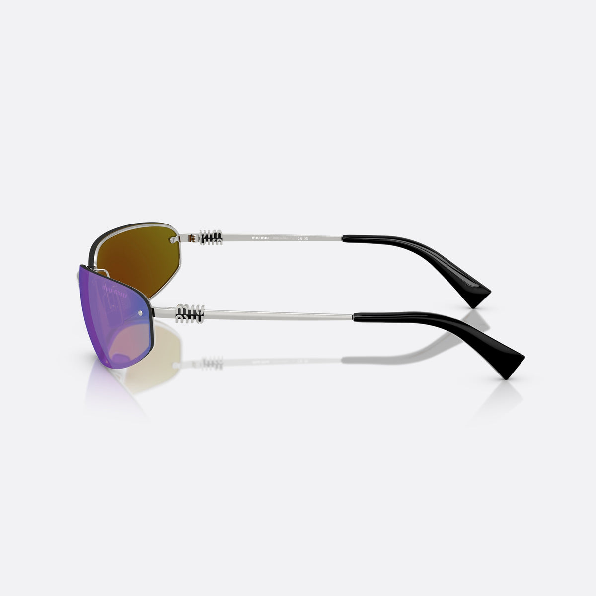 Ochelari de soare Miu Miu 0MU A50S 1BC10K, geometrica argintiu, pentru femei, punte metalică, literele brandului pe brațe, vedere laterală