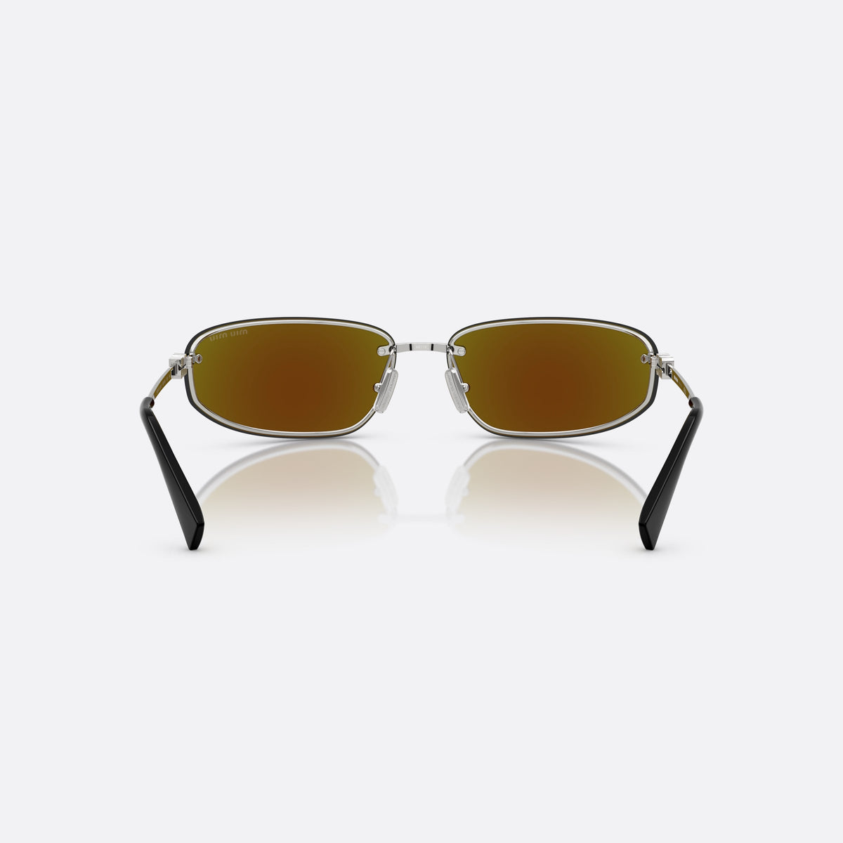 Ochelari de soare Miu Miu 0MU A50S 1BC10K, geometrica argintiu, pentru femei, punte metalică, literele brandului pe brațe, vedere din spate