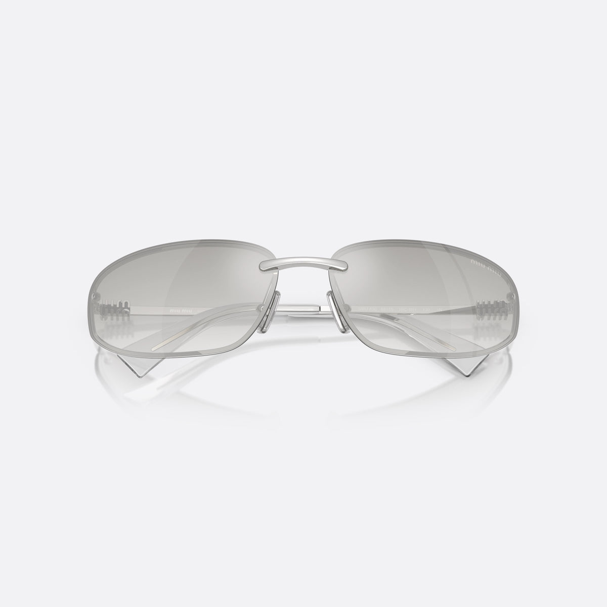 Miu Miu 0MU A50S 1BC8H1 sunglasses, silver geometric frame for women, plain metal bar bridge, brand lettering on temples, folded