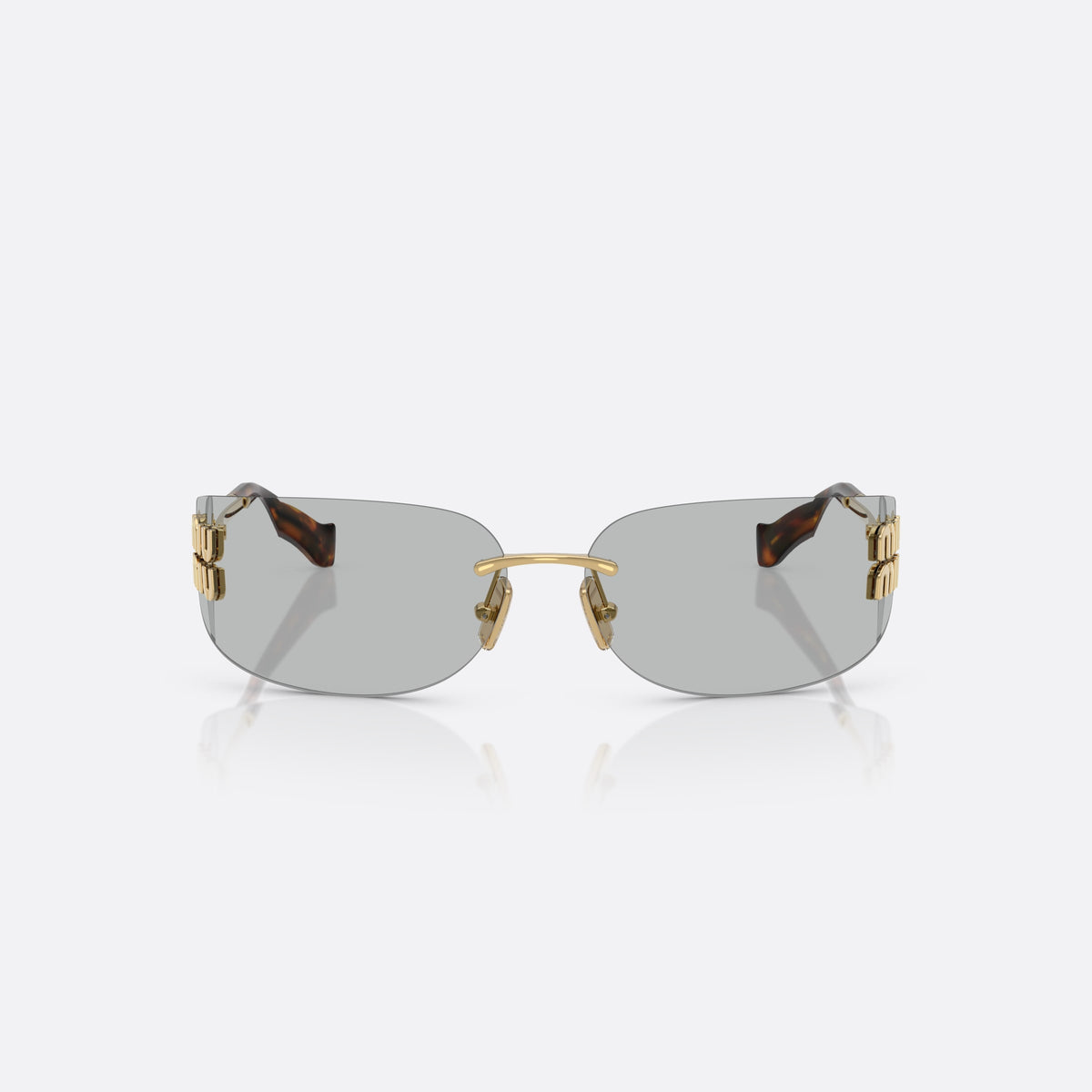 Ochelari de soare Miu Miu 0MU A51S 5AK50K, geometrica auriu, pentru femei, punte metalică simplă, literele brandului pe brațe, vedere din față