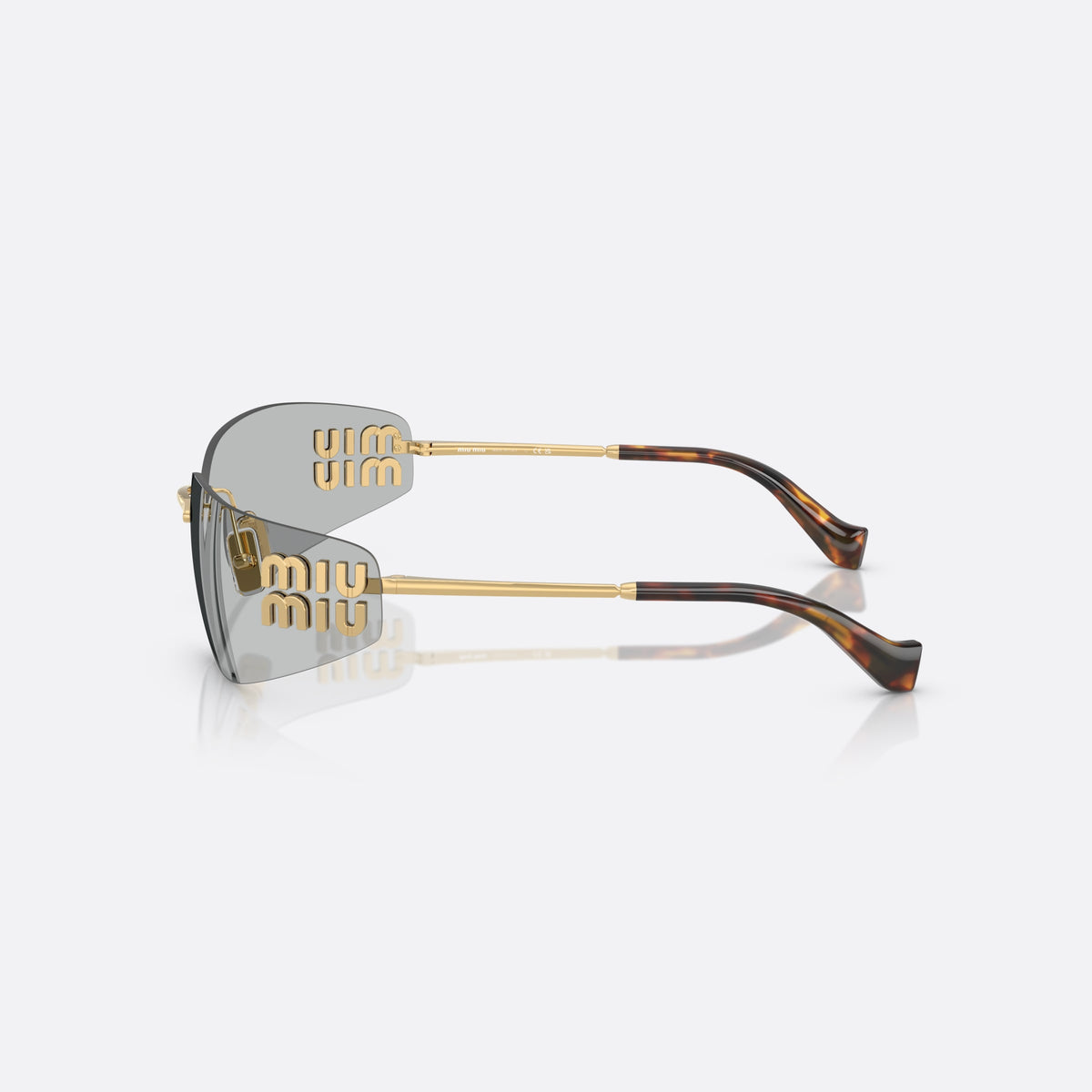 Ochelari de soare Miu Miu 0MU A51S 5AK50K, geometrica auriu, pentru femei, punte metalică simplă, literele brandului pe brațe, vedere laterală