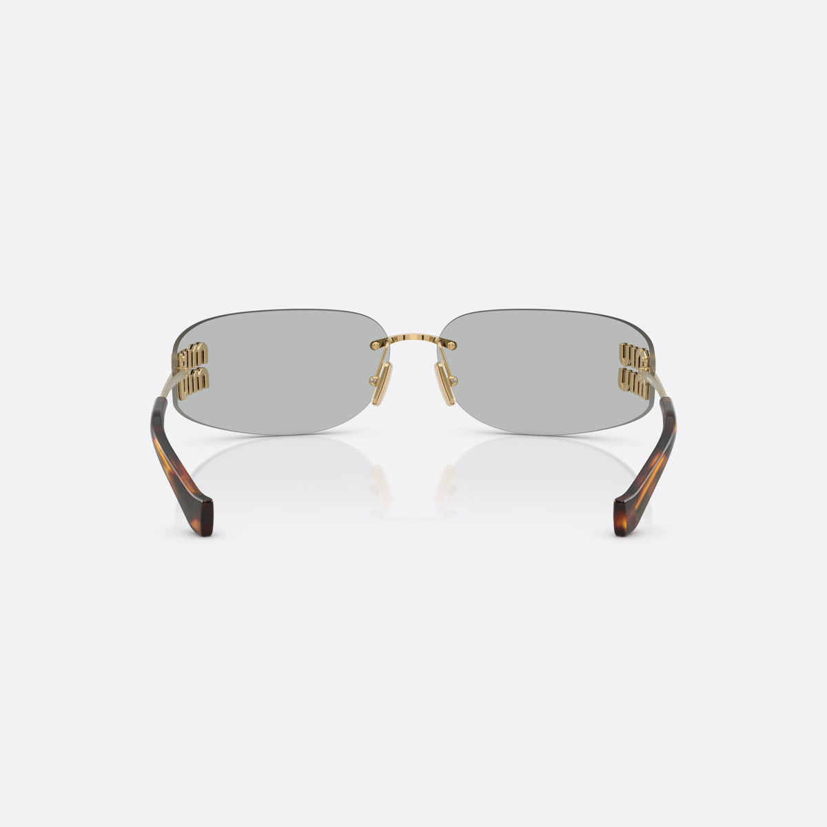 Ochelari de soare Miu Miu 0MU A51S 5AK50K, geometrica auriu, pentru femei, punte metalică simplă, literele brandului pe brațe, vedere din spate