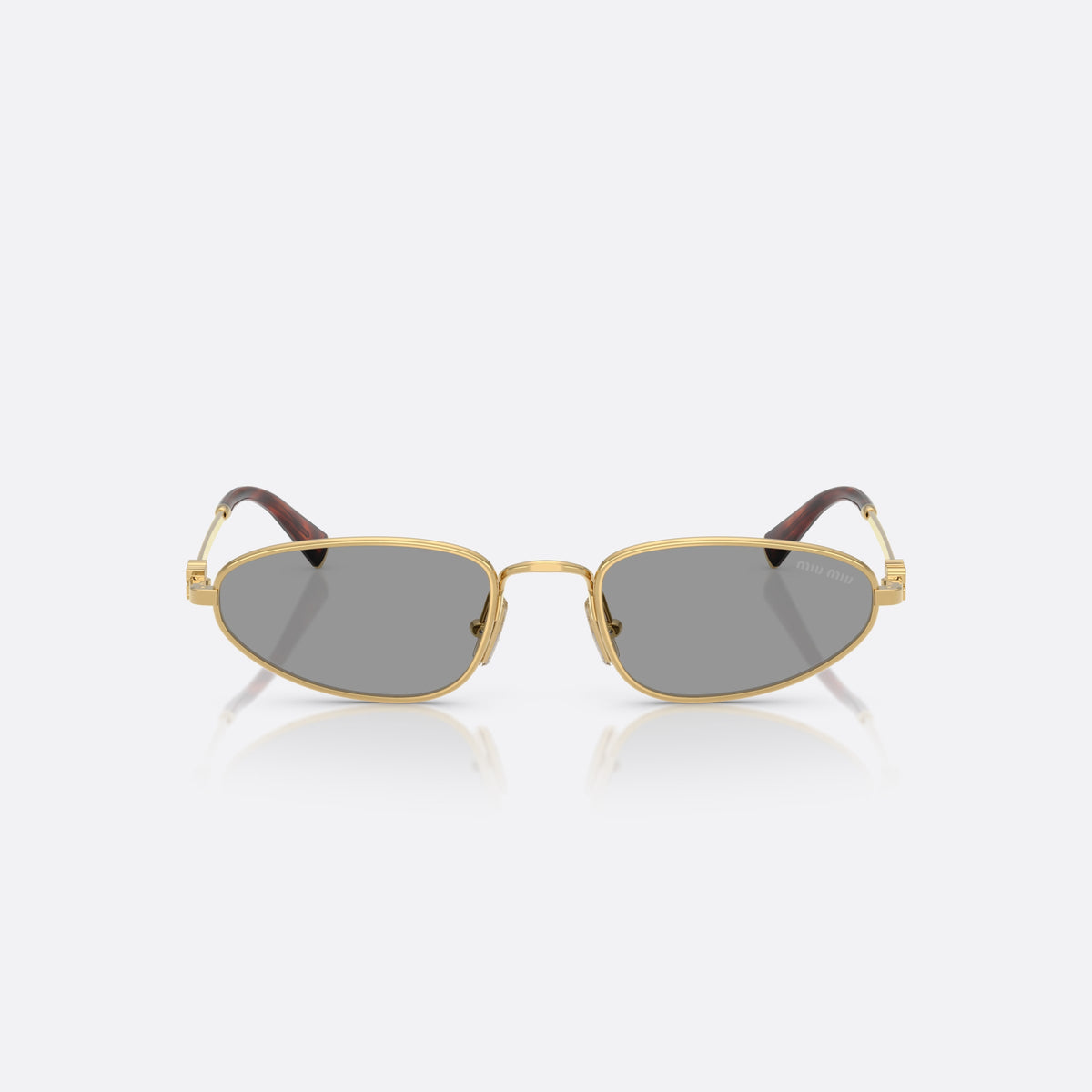 Ochelari de soare Miu Miu 0MU A52S 5AK40O, ovali auriu, pentru femei, punte metalică simplă, literele brandului pe brațe, vedere din față