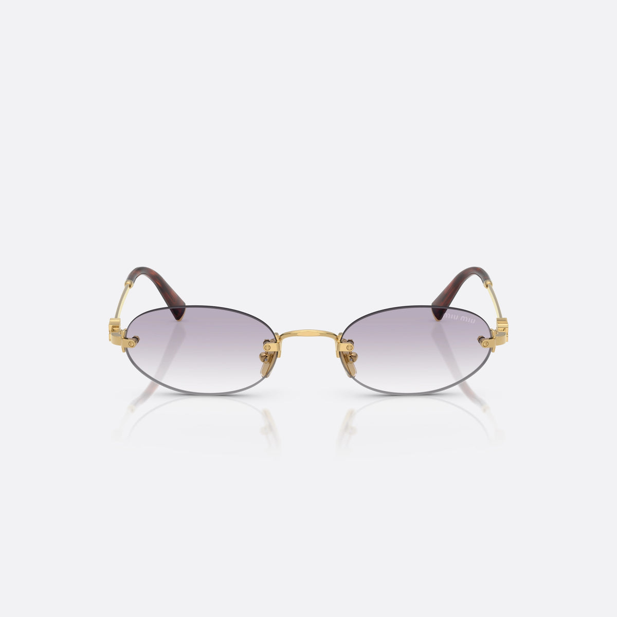Ochelari de soare Miu Miu 0MU A54S 5AK04O, ovali auriu, pentru femei, punte metalică simplă, literele brandului pe brațe, vedere din față