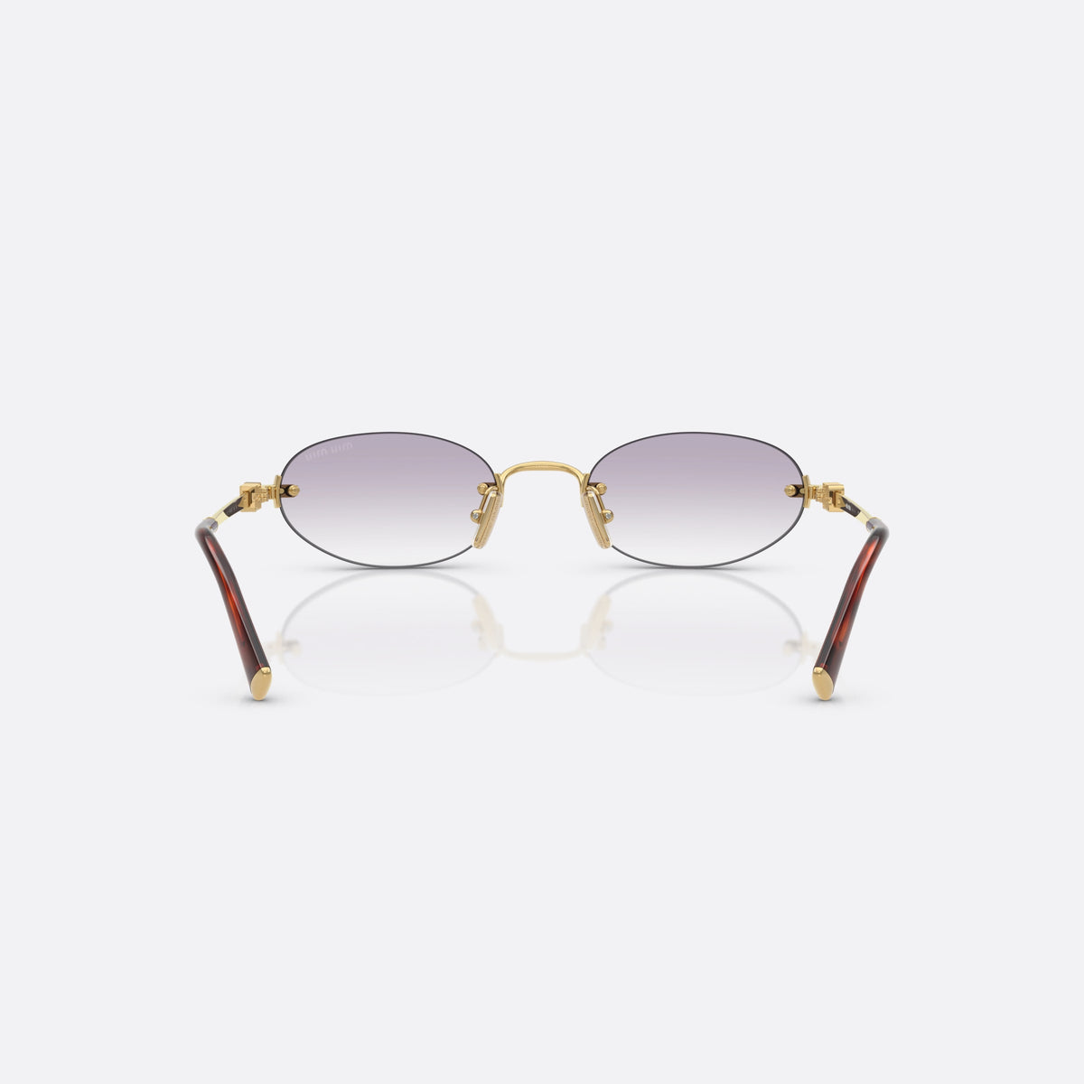 Ochelari de soare Miu Miu 0MU A54S 5AK04O, ovali auriu, pentru femei, punte metalică simplă, literele brandului pe brațe, vedere din spate