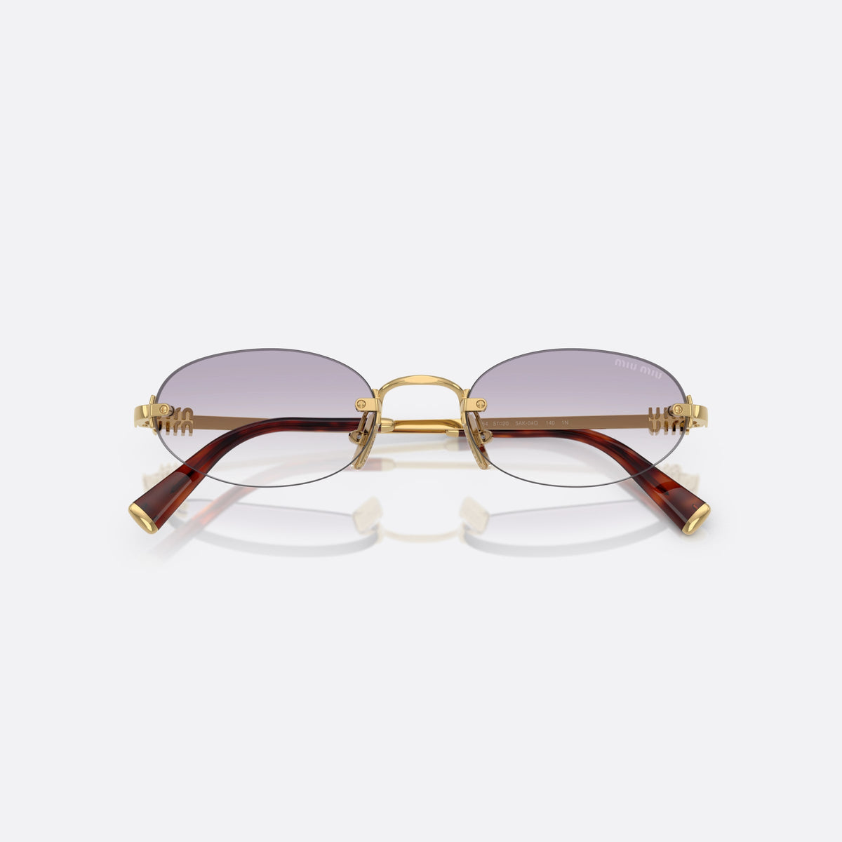 Ochelari de soare Miu Miu 0MU A54S 5AK04O, ovali auriu, pentru femei, punte metalică simplă, literele brandului pe brațe, cu brațele pliate