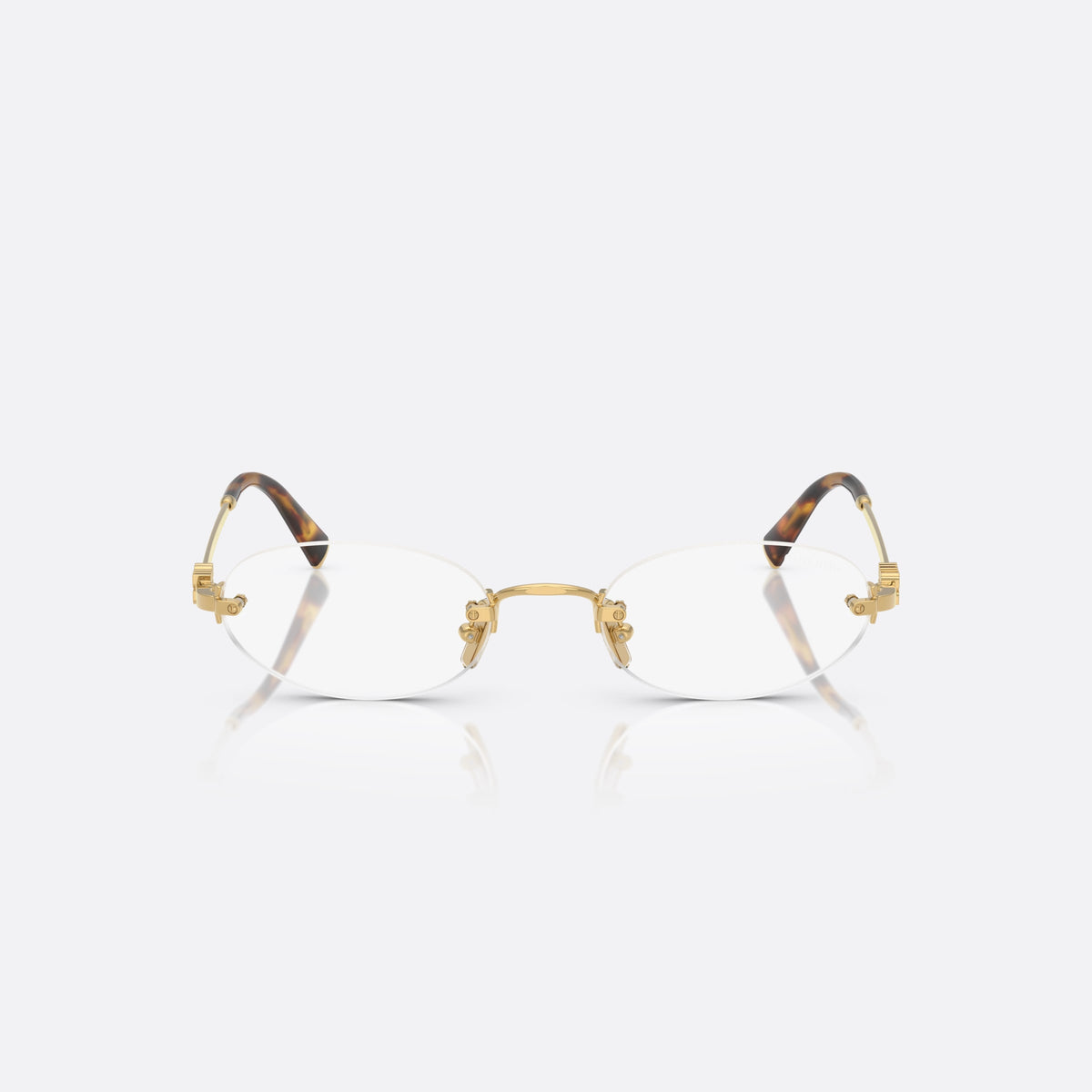 Ochelari de soare Miu Miu 0MU A54S 5AK08N, ovali auriu, pentru femei, punte metalică simplă, literele brandului pe brațe, vedere din față