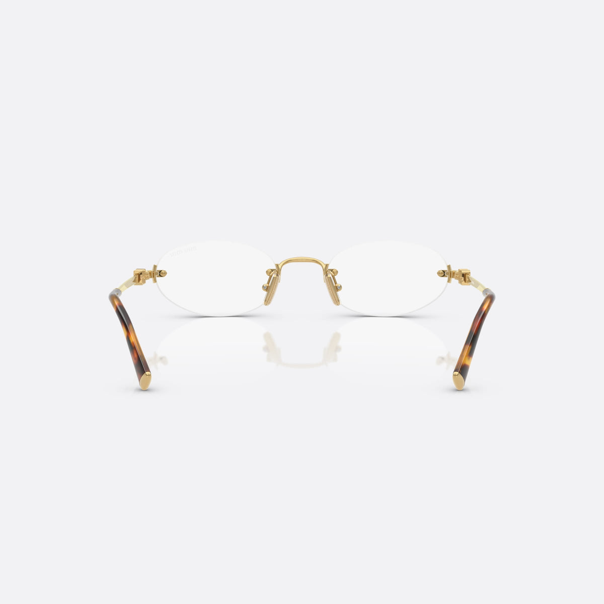 Ochelari de soare Miu Miu 0MU A54S 5AK08N, ovali auriu, pentru femei, punte metalică simplă, literele brandului pe brațe, vedere din spate