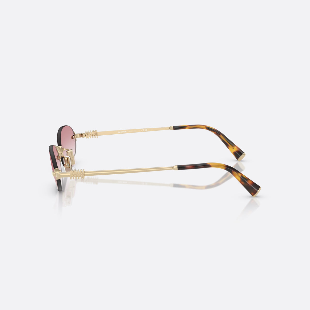 Miu Miu 0MU A54S ZVN70O sunglasses, gold oval frame for women, thin metal bridge, brand lettering on temples, side view