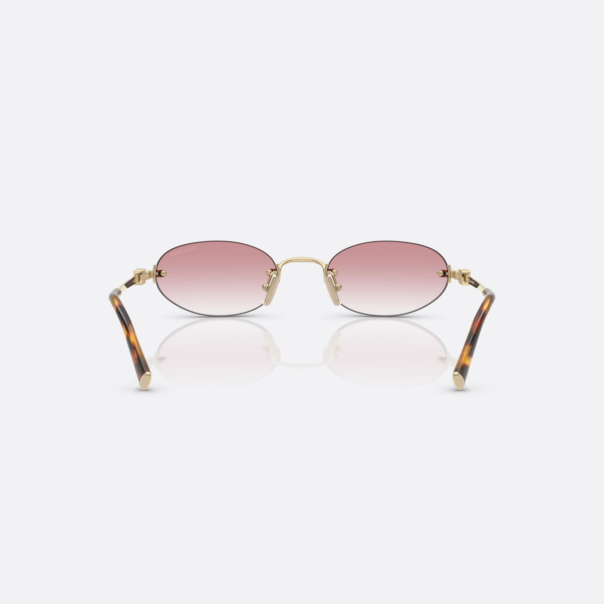 Miu Miu 0MU A54S ZVN70O sunglasses, gold oval frame for women, thin metal bridge, brand lettering on temples, back view