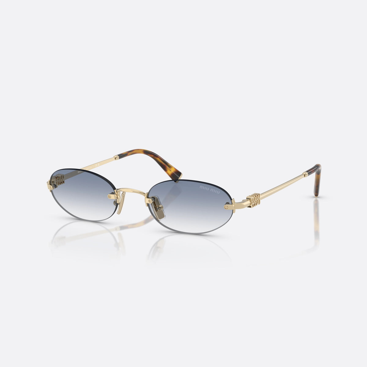 Miu Miu 0MU A54S ZVN80O sunglasses, gold oval frame for women, thin metal bridge, brand logo plaque on temples