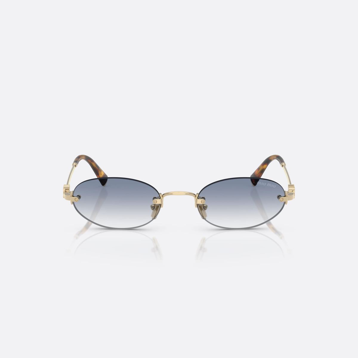 Miu Miu 0MU A54S ZVN80O sunglasses, gold oval frame for women, thin metal bridge, brand logo plaque on temples, front view