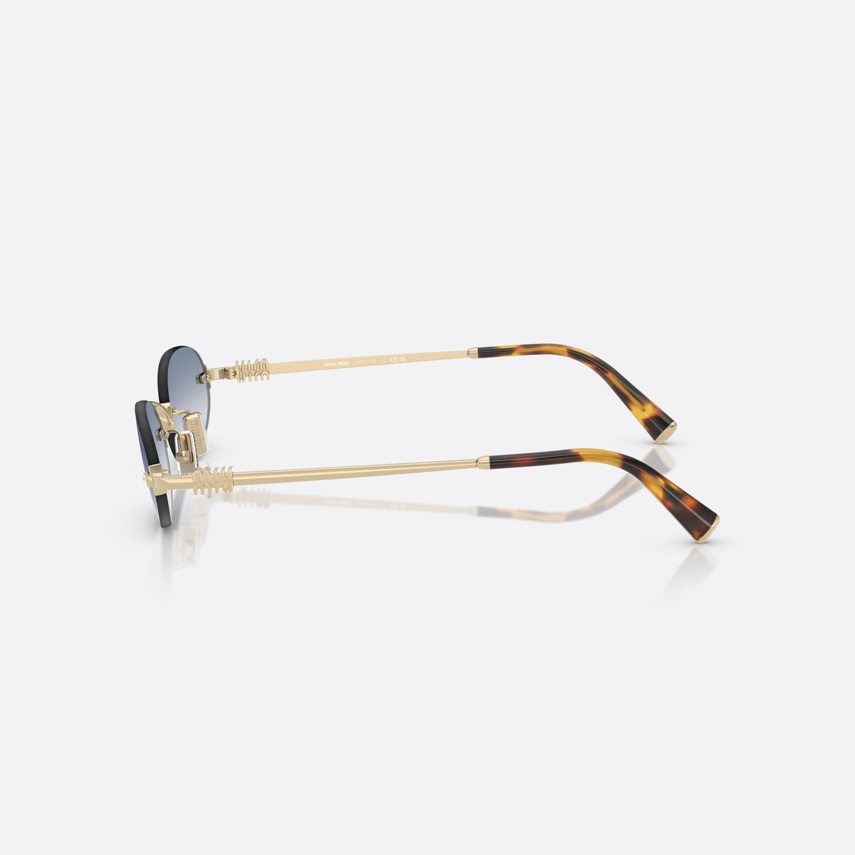 Miu Miu 0MU A54S ZVN80O sunglasses, gold oval frame for women, thin metal bridge, brand logo plaque on temples, side view