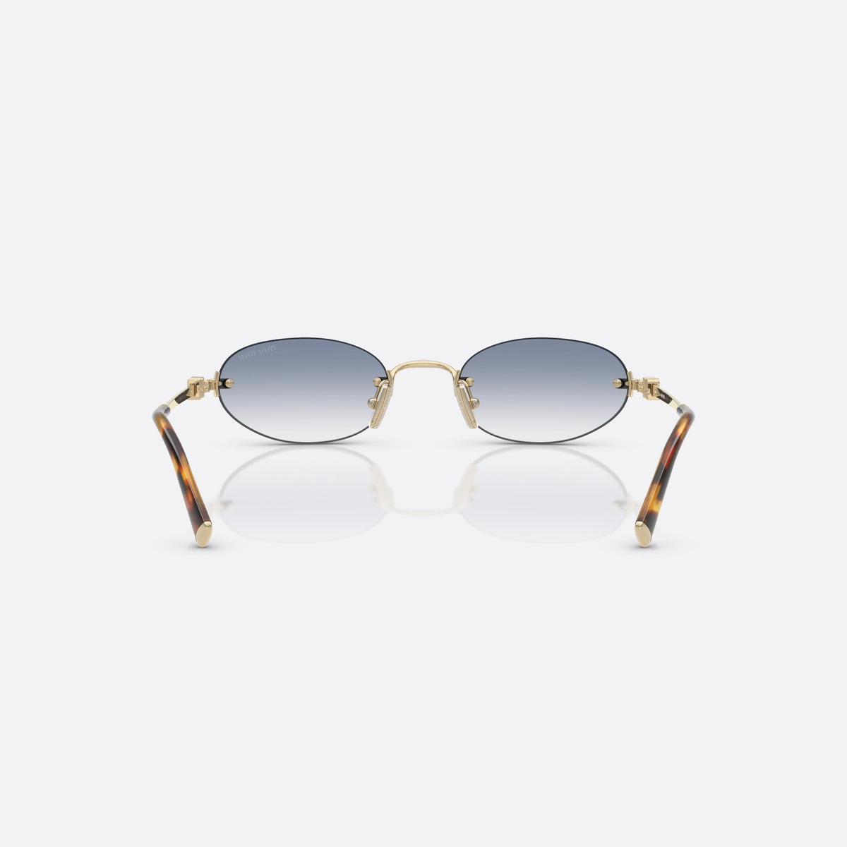 Miu Miu 0MU A54S ZVN80O sunglasses, gold oval frame for women, thin metal bridge, brand logo plaque on temples, back view