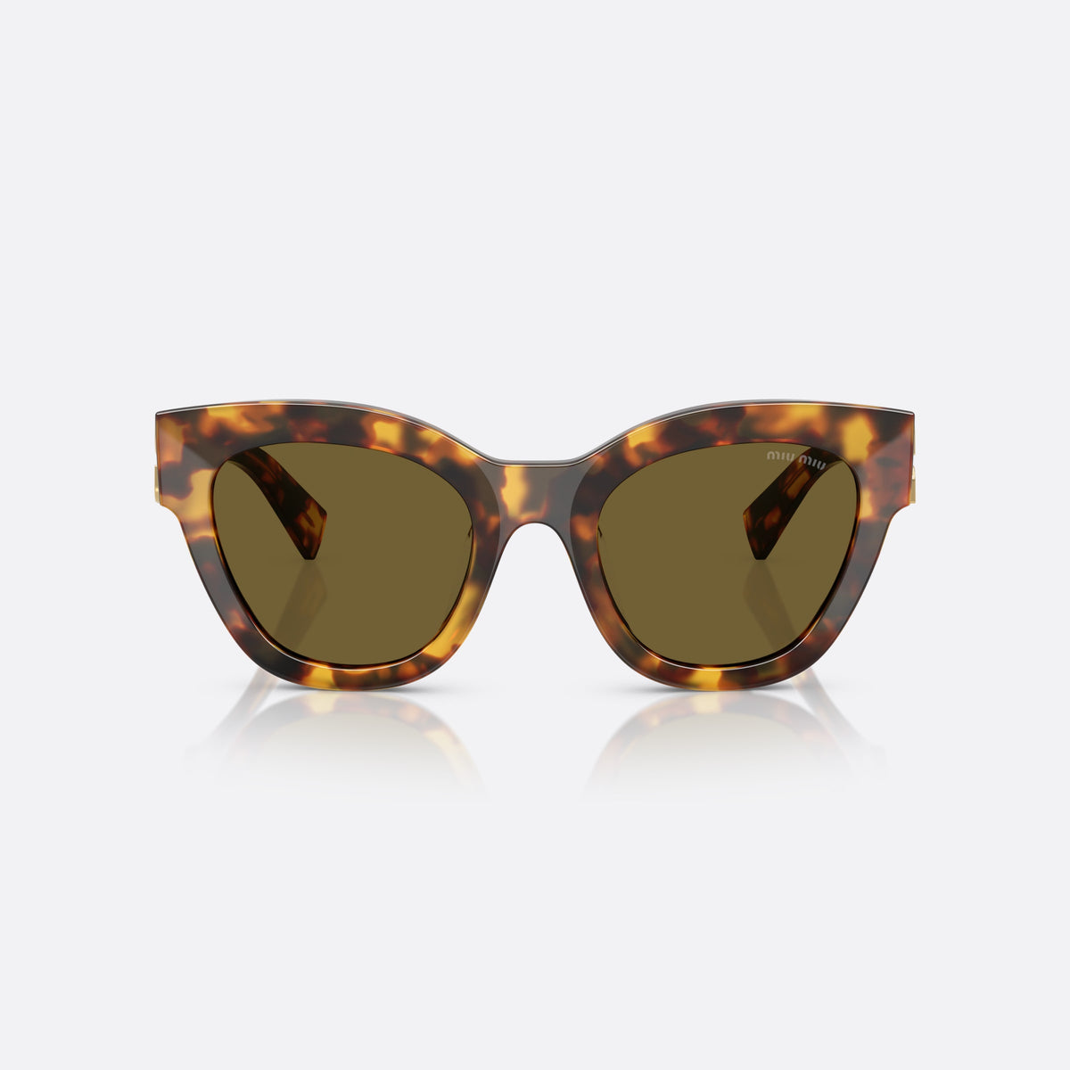 Miu Miu Glimpse MU 01YS 14L09Z sunglasses, havana butterfly frame, unisex, plain bridge, brand lettering on temple, front view