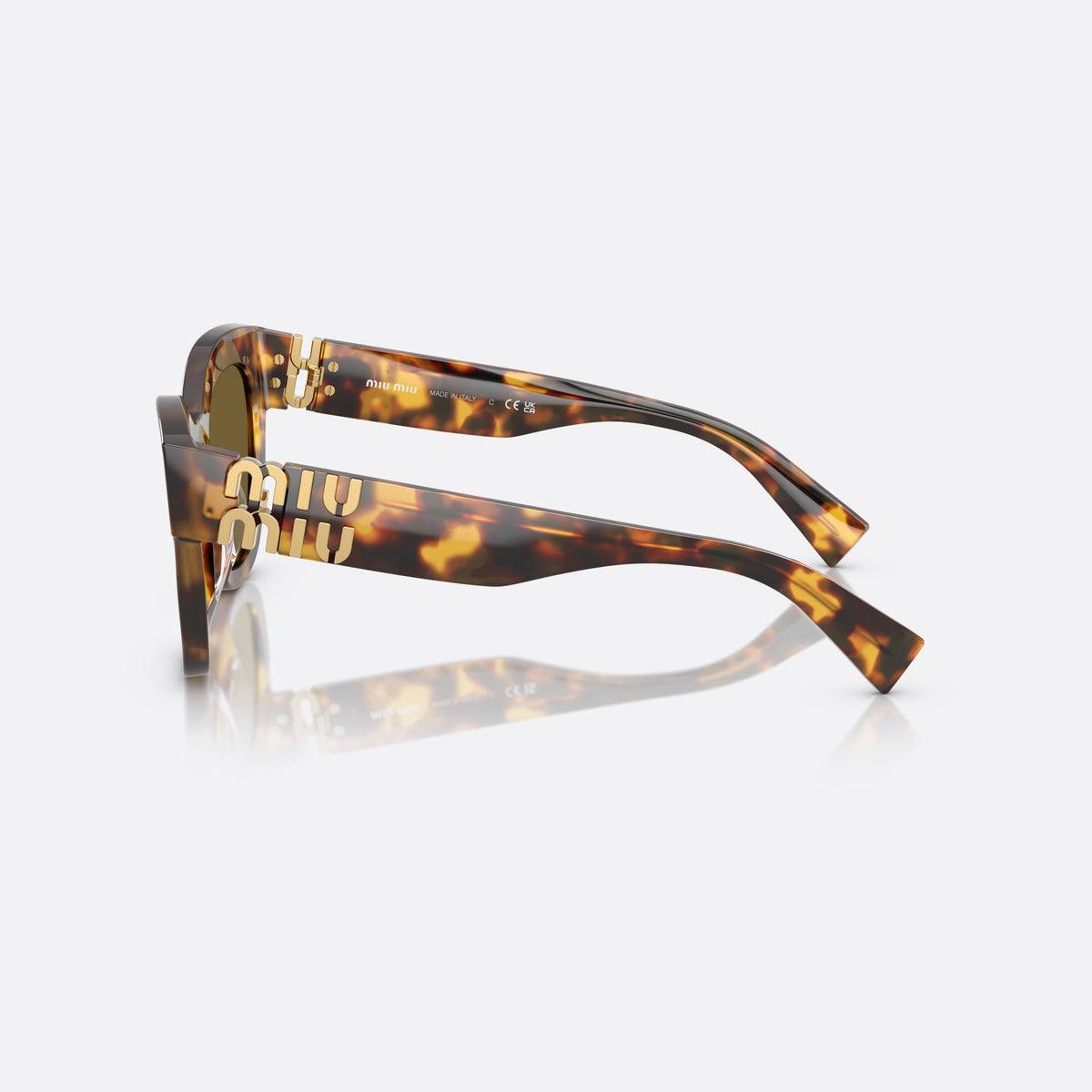 Miu Miu Glimpse MU 01YS 14L09Z sunglasses, havana butterfly frame, unisex, plain bridge, brand lettering on temple, side view
