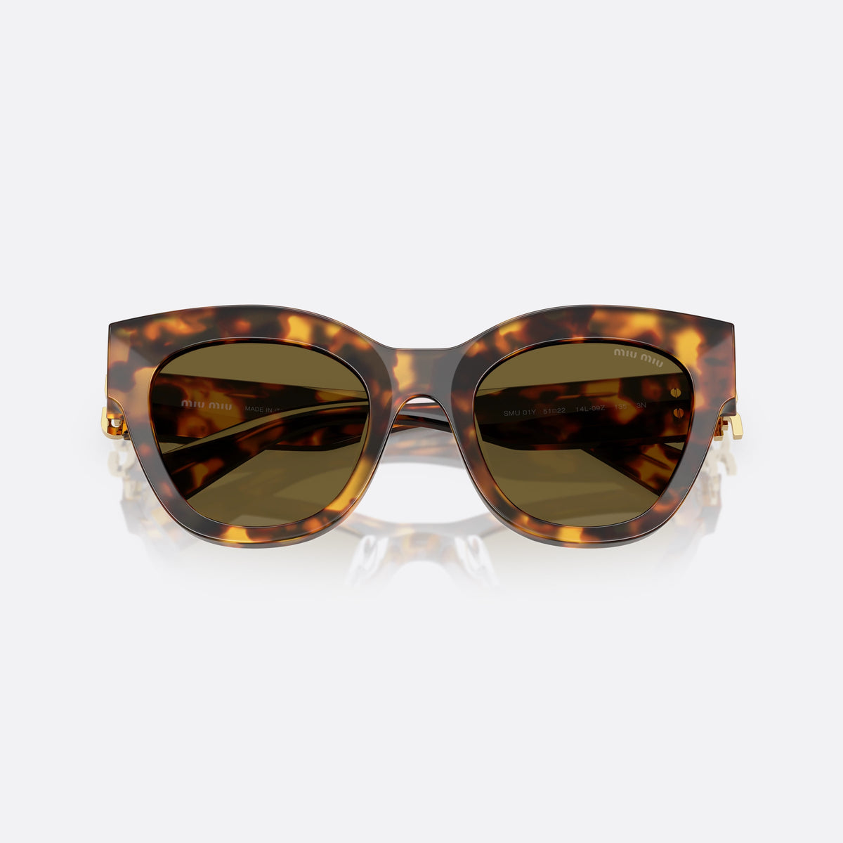 Miu Miu Glimpse MU 01YS 14L09Z sunglasses, havana butterfly frame, unisex, plain bridge, brand lettering on temple, folded