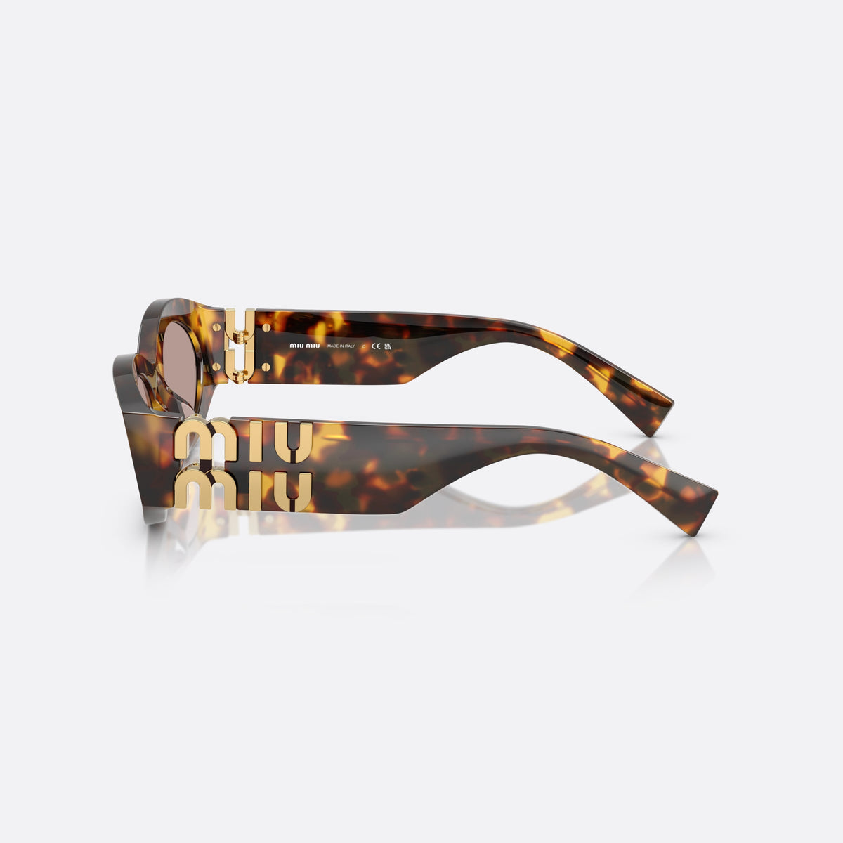 Miu Miu Glimpse MU 11WS 14L20I sunglasses, havana oval frame for women, plain integrated bridge, brand lettering on temples, side view
