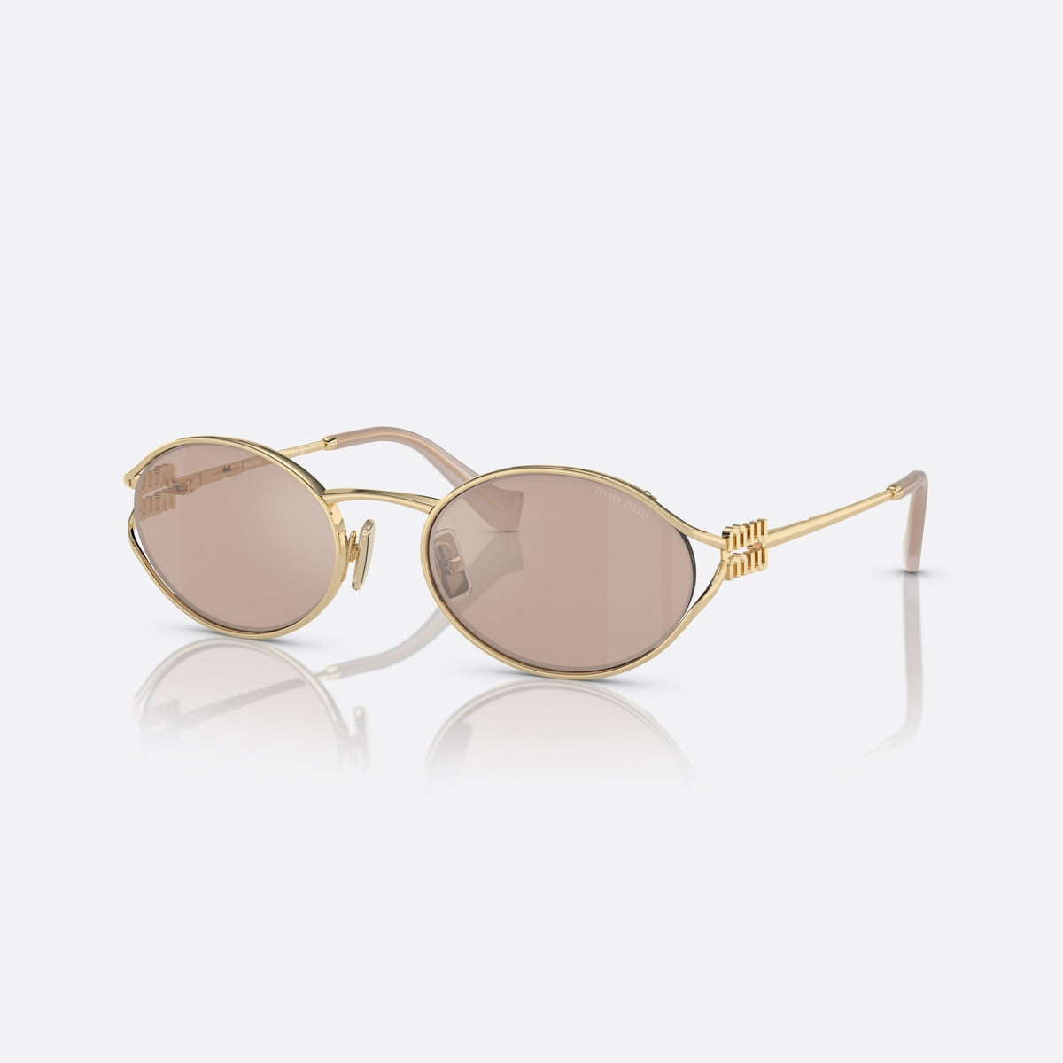 Ochelari de soare Miu Miu Logo MU 52YS ZVN-20F, rotunzi auriu, pentru femei, punte metalică subțire tip șa, literele brandului pe rame