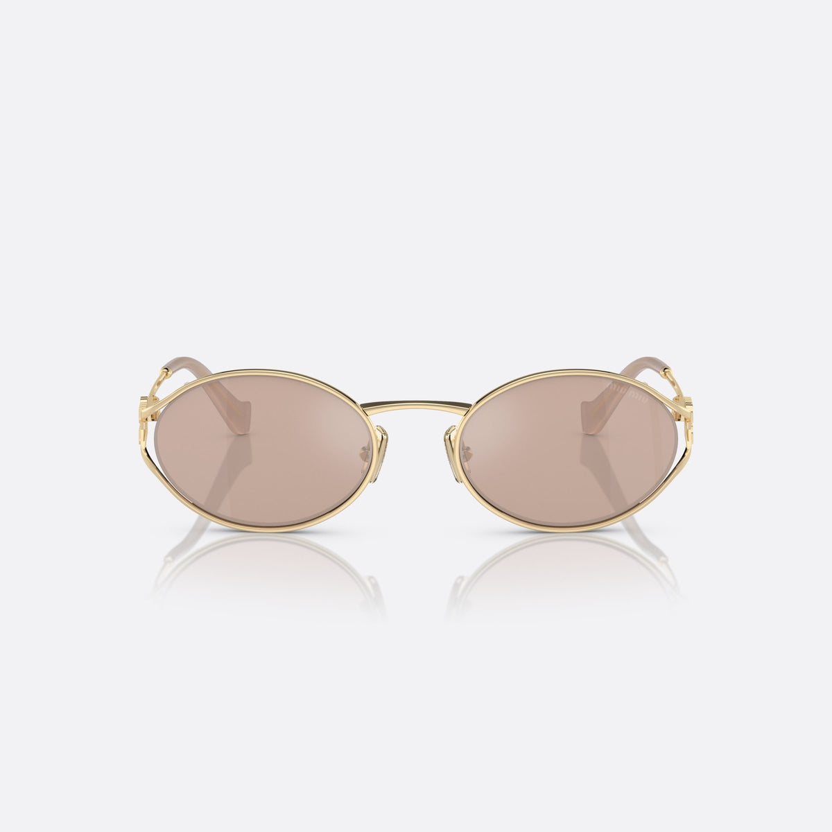Miu Miu Logo MU 52YS ZVN-20F sunglasses, gold round frame for women, thin saddle metal bridge, brand lettering on rims, front view