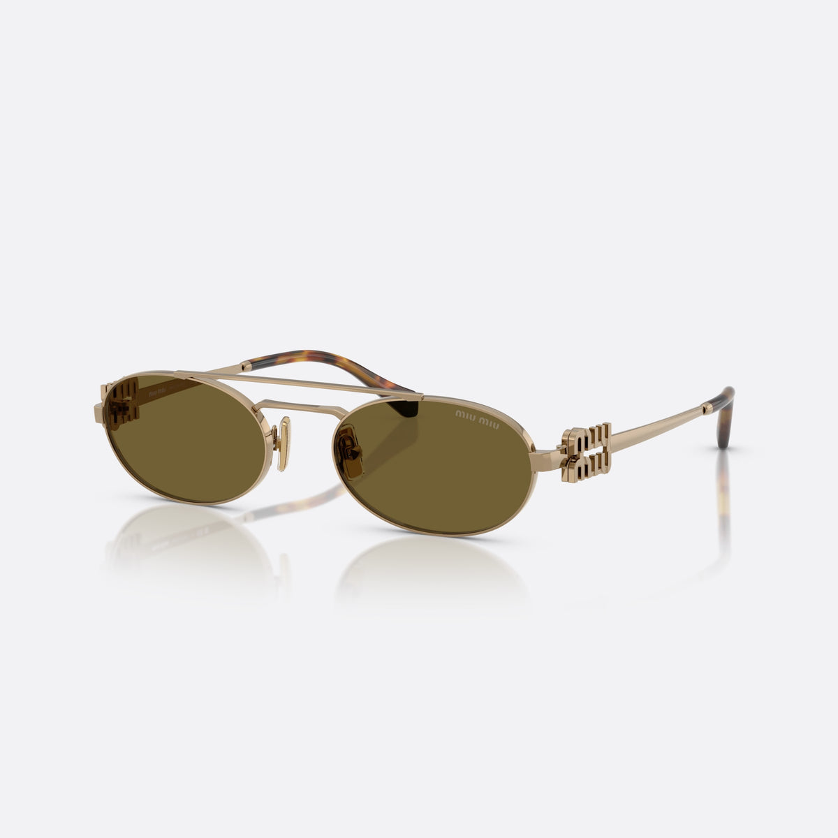 Miu Miu Logo MU 54ZS 7OE09Z sunglasses, gold geometric frame for women, double bridge with metal bar, brand lettering on temples