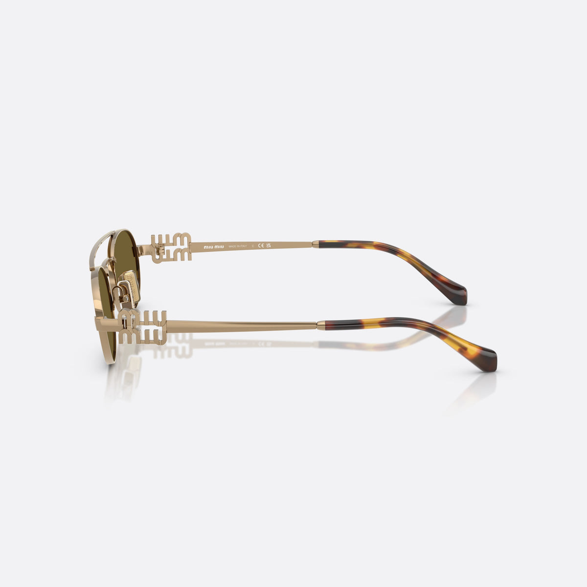 Miu Miu Logo MU 54ZS 7OE09Z sunglasses, gold geometric frame for women, double bridge with metal bar, brand lettering on temples, side view