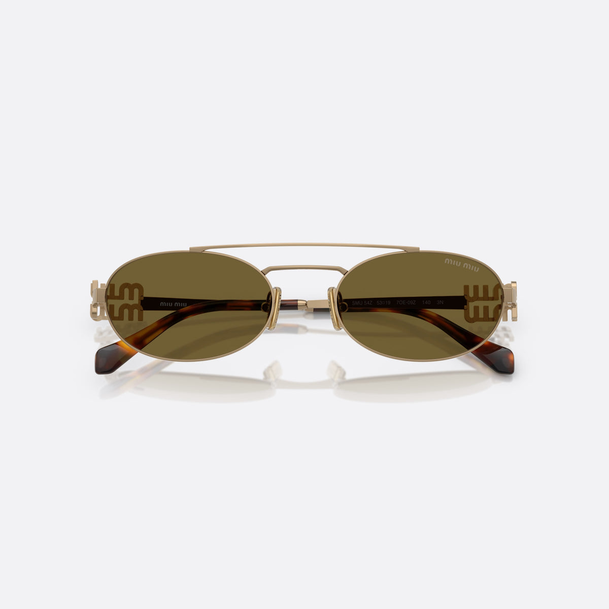 Miu Miu Logo MU 54ZS 7OE09Z sunglasses, gold geometric frame for women, double bridge with metal bar, brand lettering on temples, folded