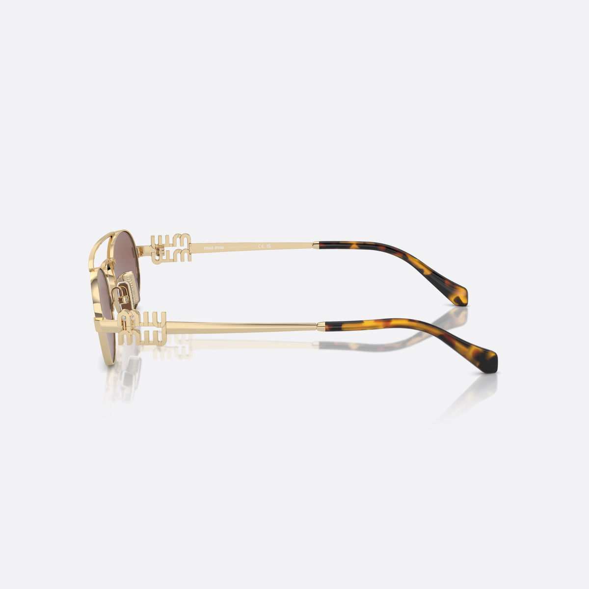 Ochelari de soare Miu Miu Logo MU 54ZS ZVN-70D, geometrica auriu, pentru femei, punte dublă cu bară superioară, placă cu logo pe brațe, vedere laterală