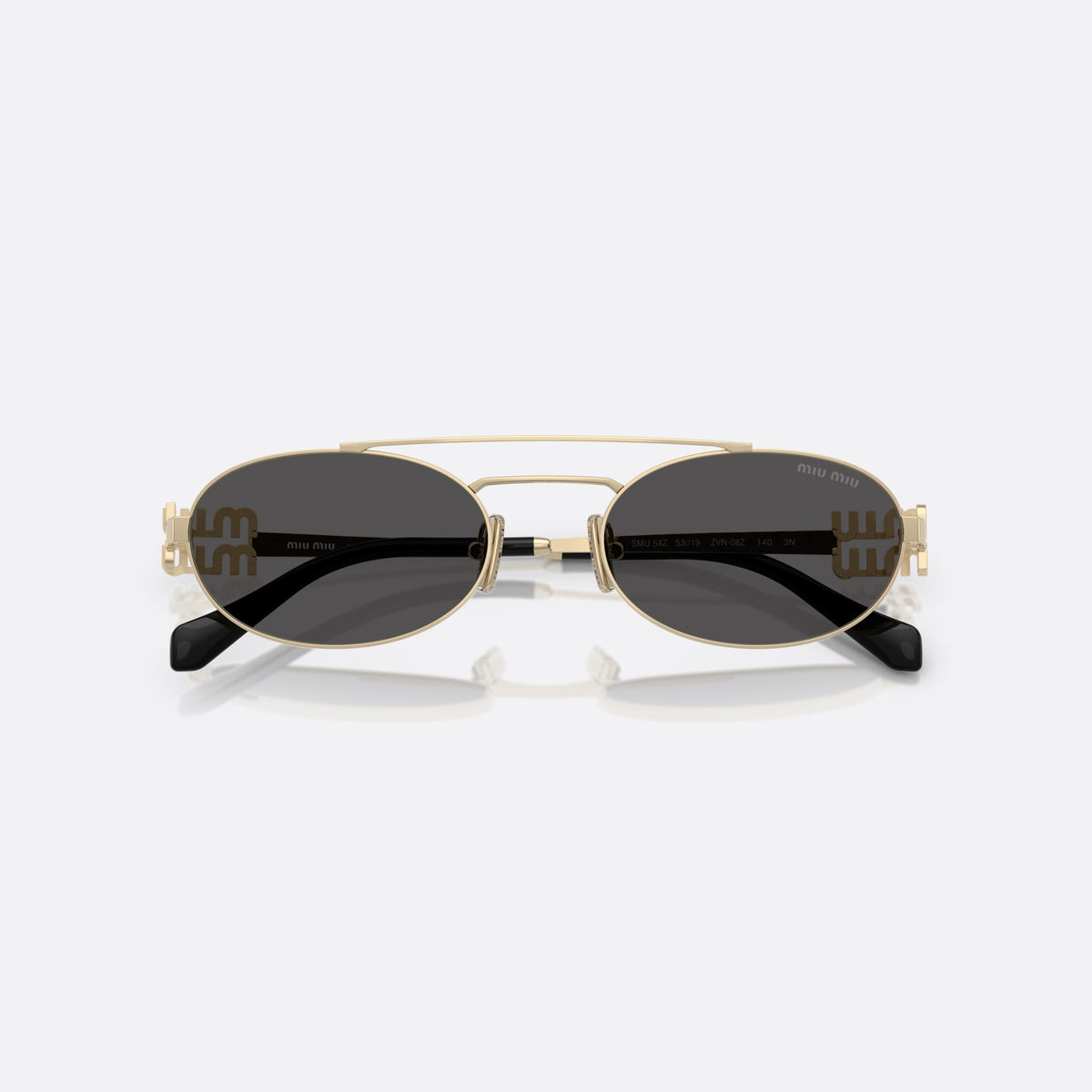Ochelari de soare Miu Miu Logo MU 54ZS ZVN08Z, geometrica auriu, pentru femei, punte dublă cu bară metalică, ramă completă metalică, cu brațele pliate
